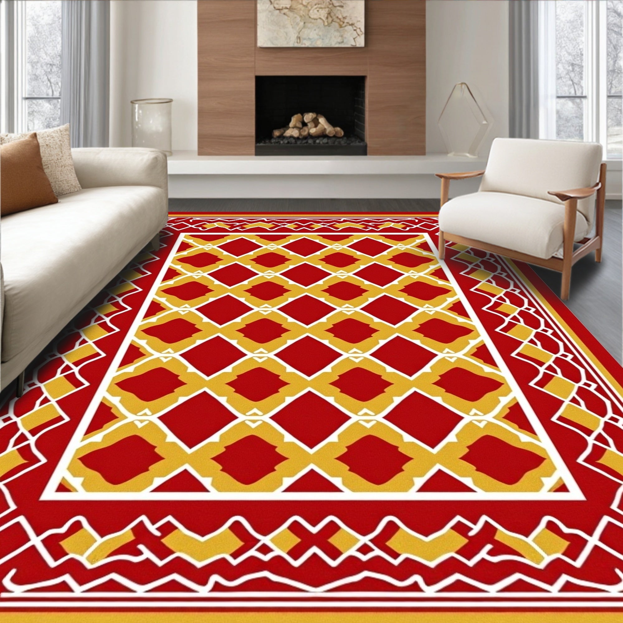 Bold Red Gold Geometric Diamond Frame Rug