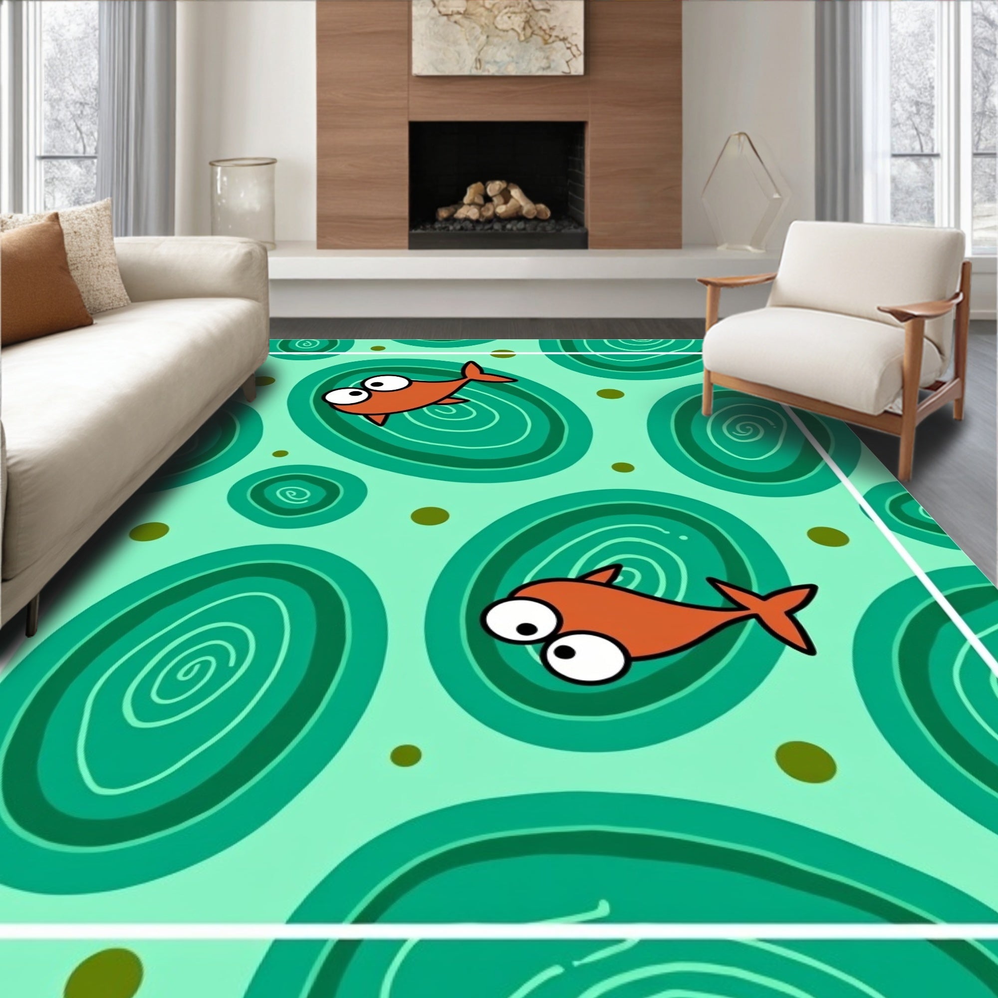 Playful Orange Fish Teal Swirls Rug
