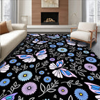 Pastel Butterfly Garden Floral Black Background Rug