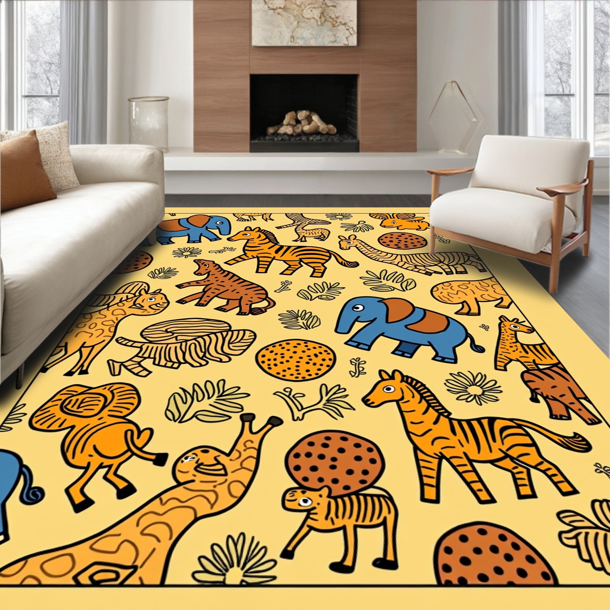 Playful Safari Animals Yellow Scatter Rug