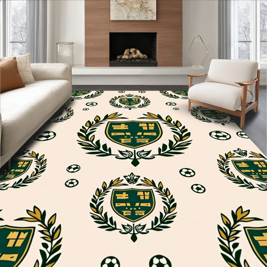 Green Gold Crest Soccer Balls Rug