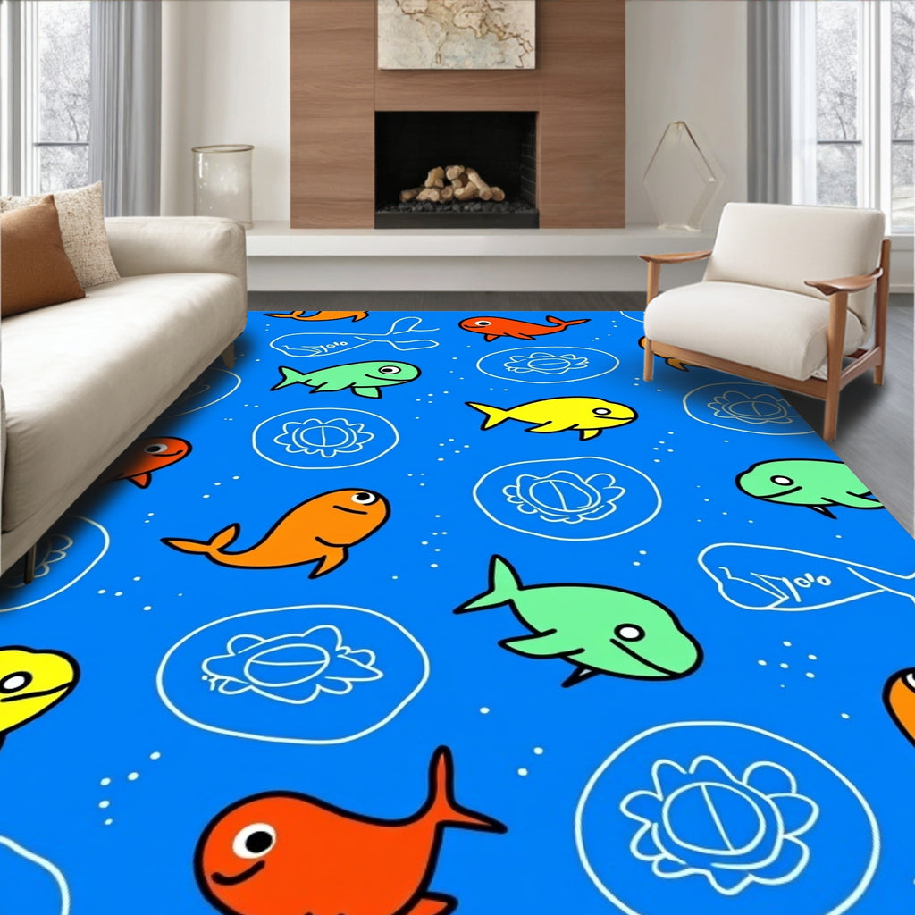 Whimsical Fish School Blue Ocean Rug