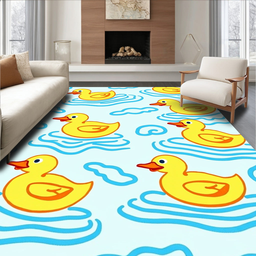 Yellow Ducklings Floating on Blue Waves Rug