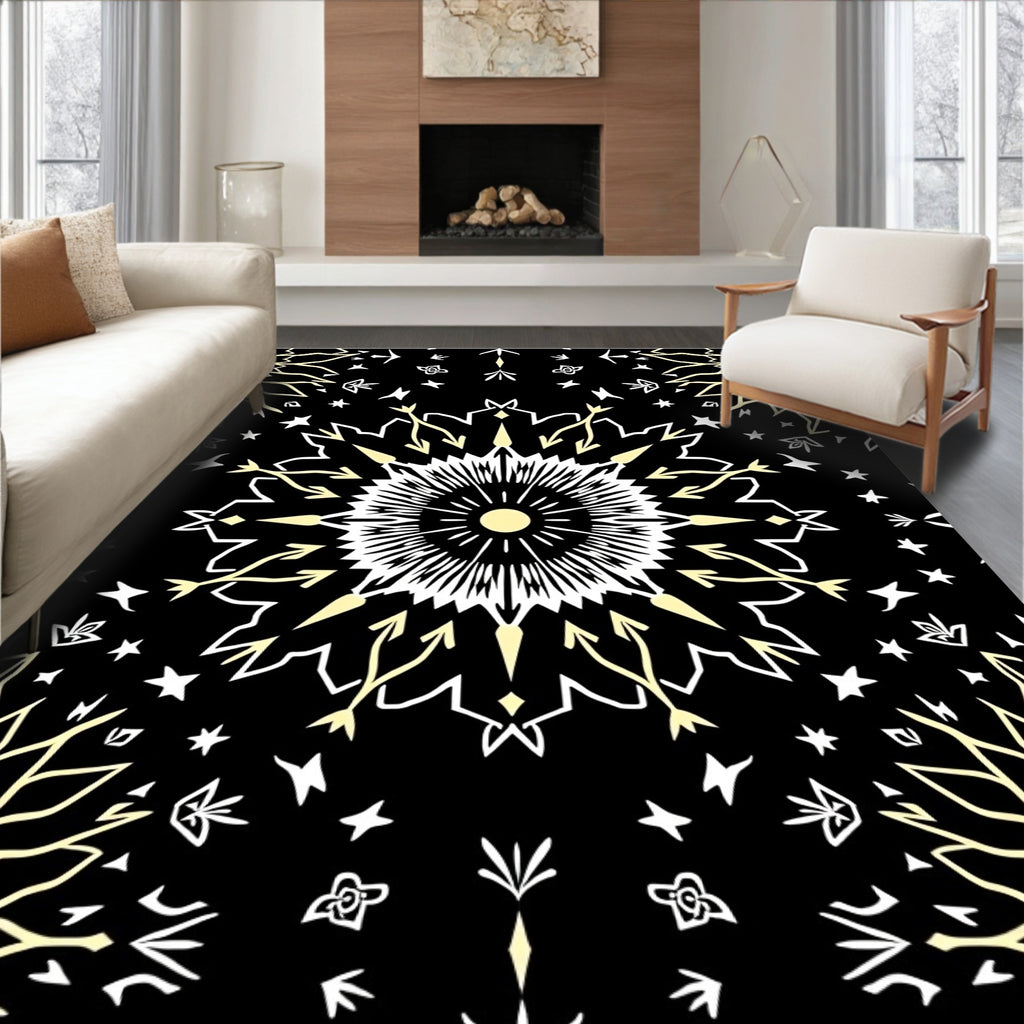 Black Yellow White Sunburst Mandala Rug