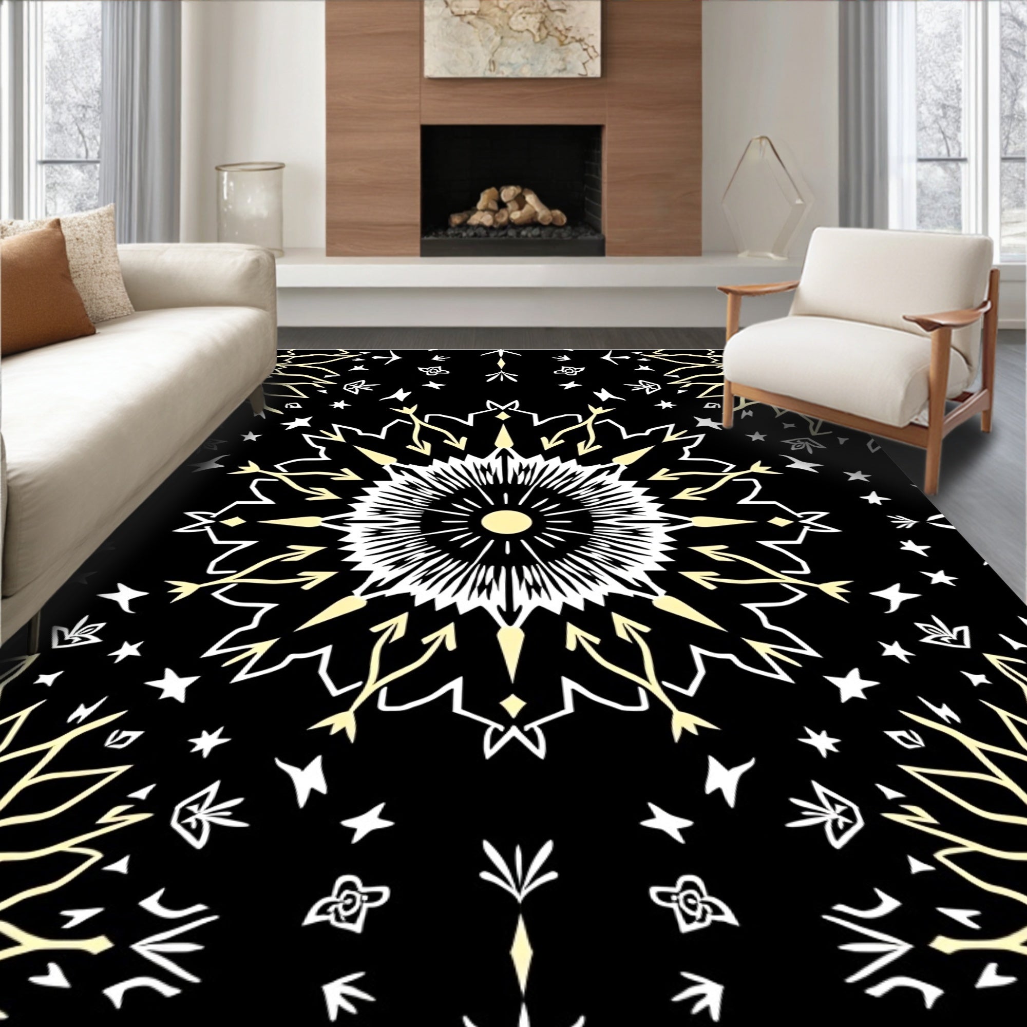 Black Yellow White Sunburst Mandala Rug