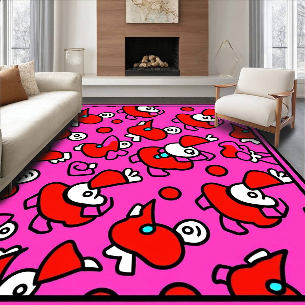 Vibrant Red Cartoon Creatures Pink Background Rug