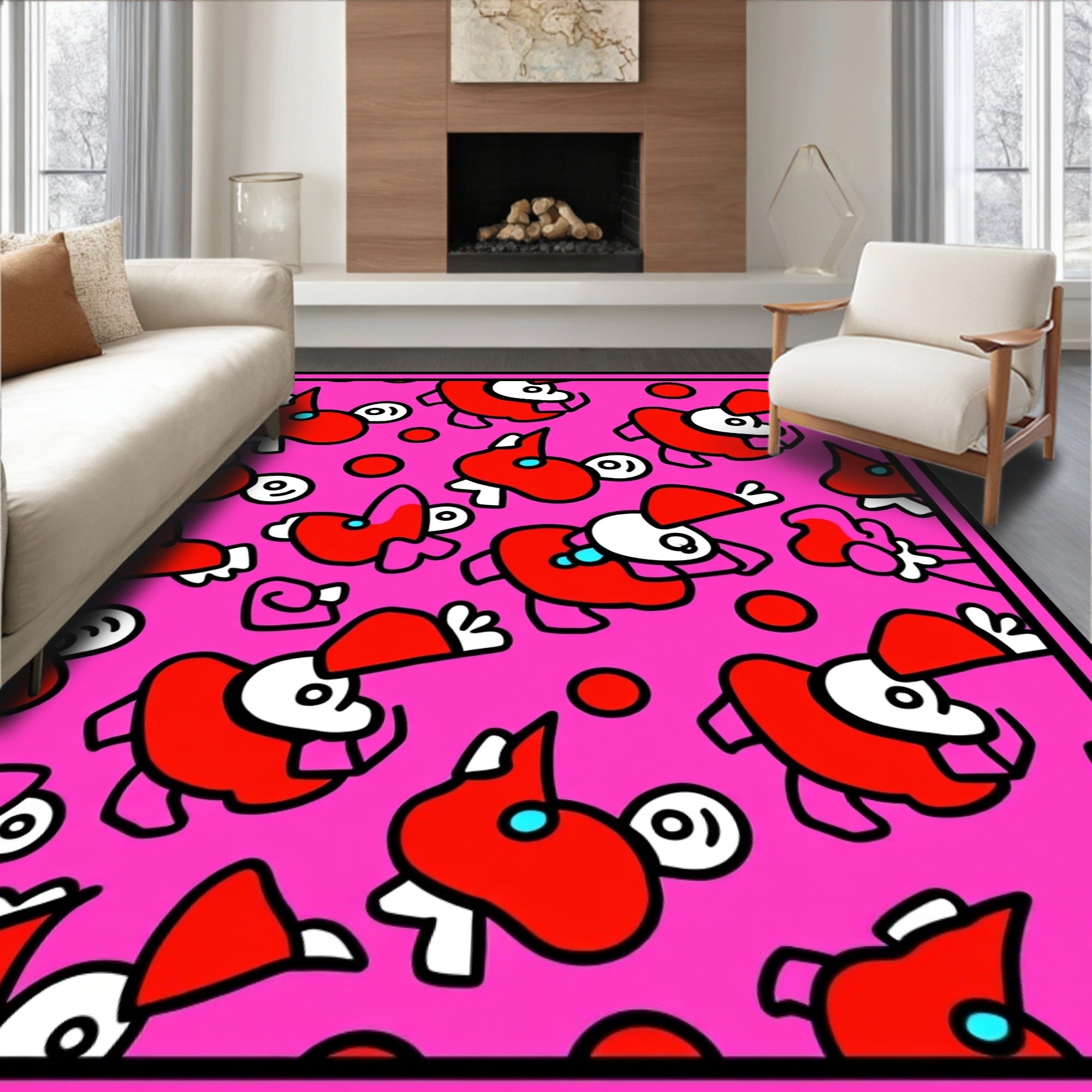 Vibrant Red Cartoon Creatures Pink Background Rug