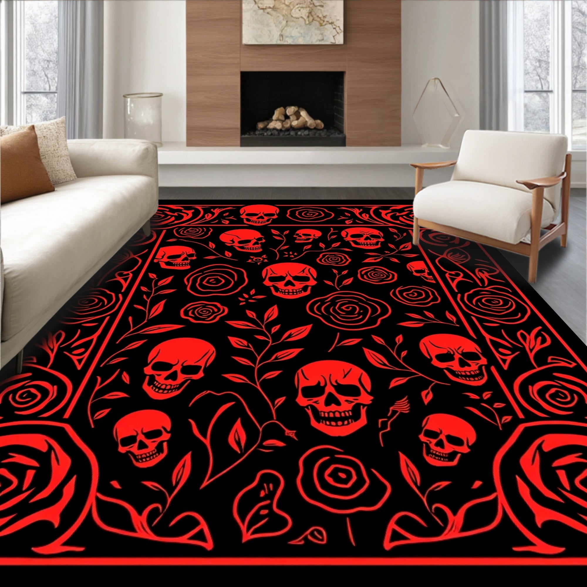 Crimson Skull Rose Border Rug