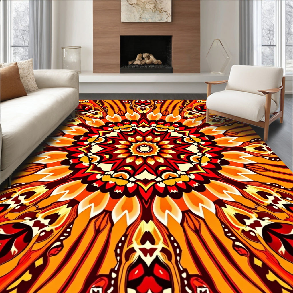 Vibrant Fire Mandala Reflection Rug