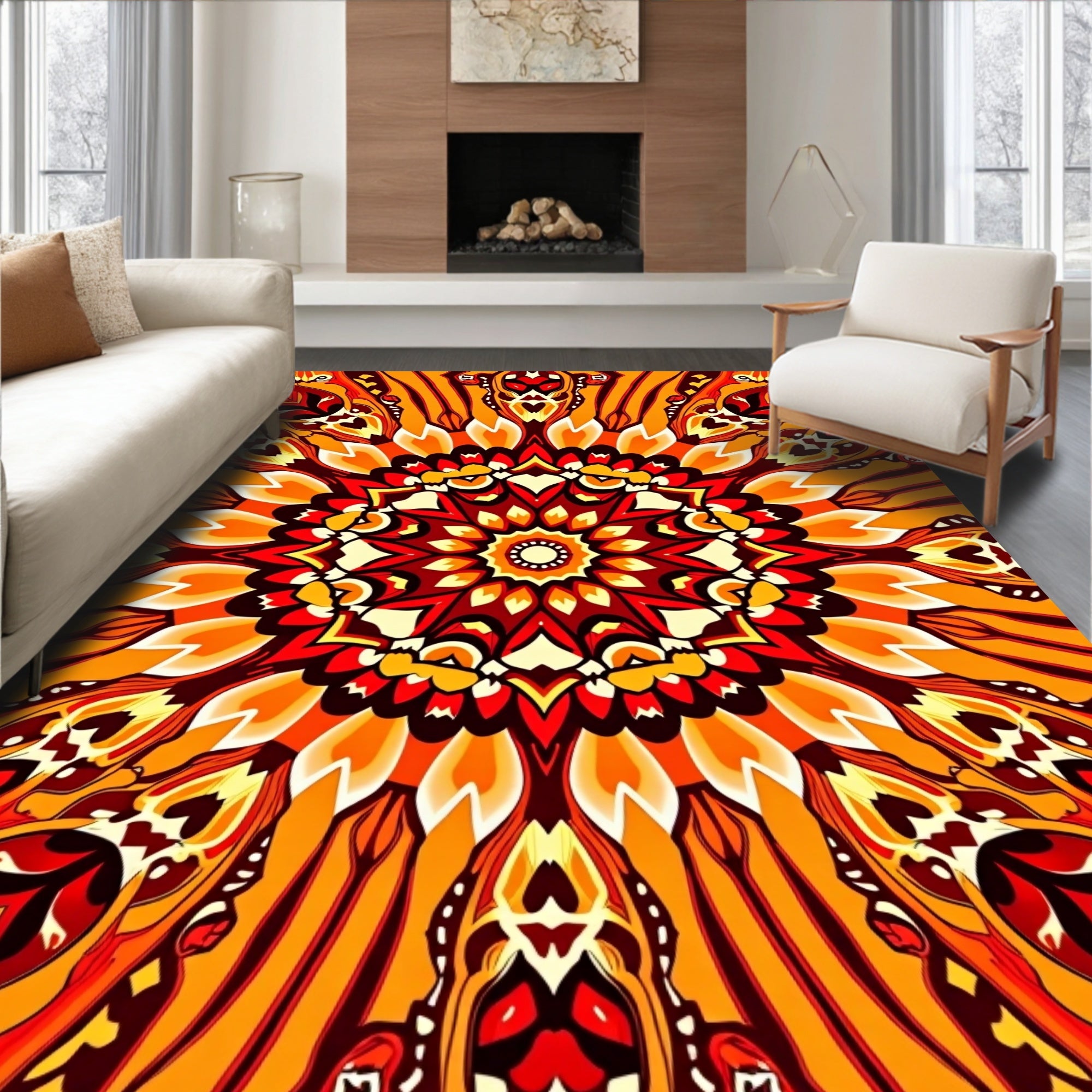 Vibrant Fire Mandala Reflection Rug