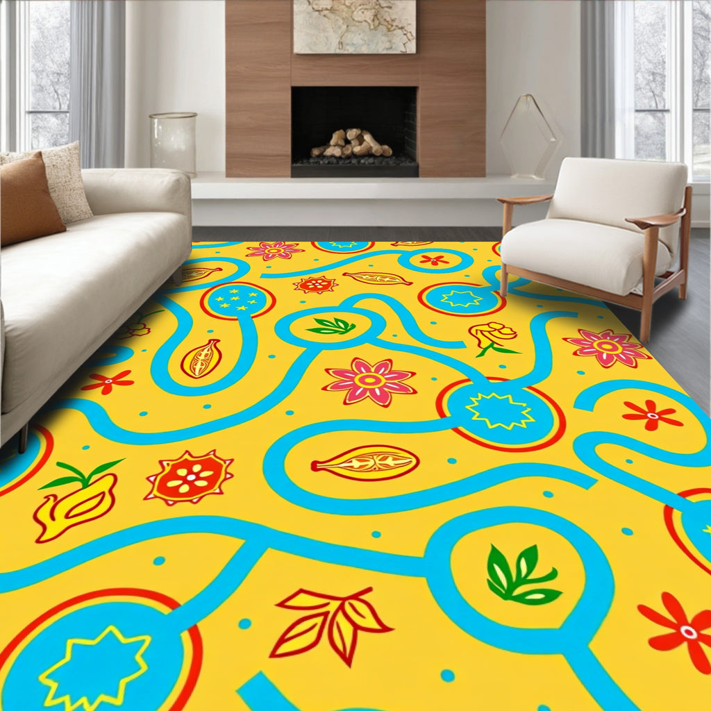 Yellow Abstract Floral Maze Rug