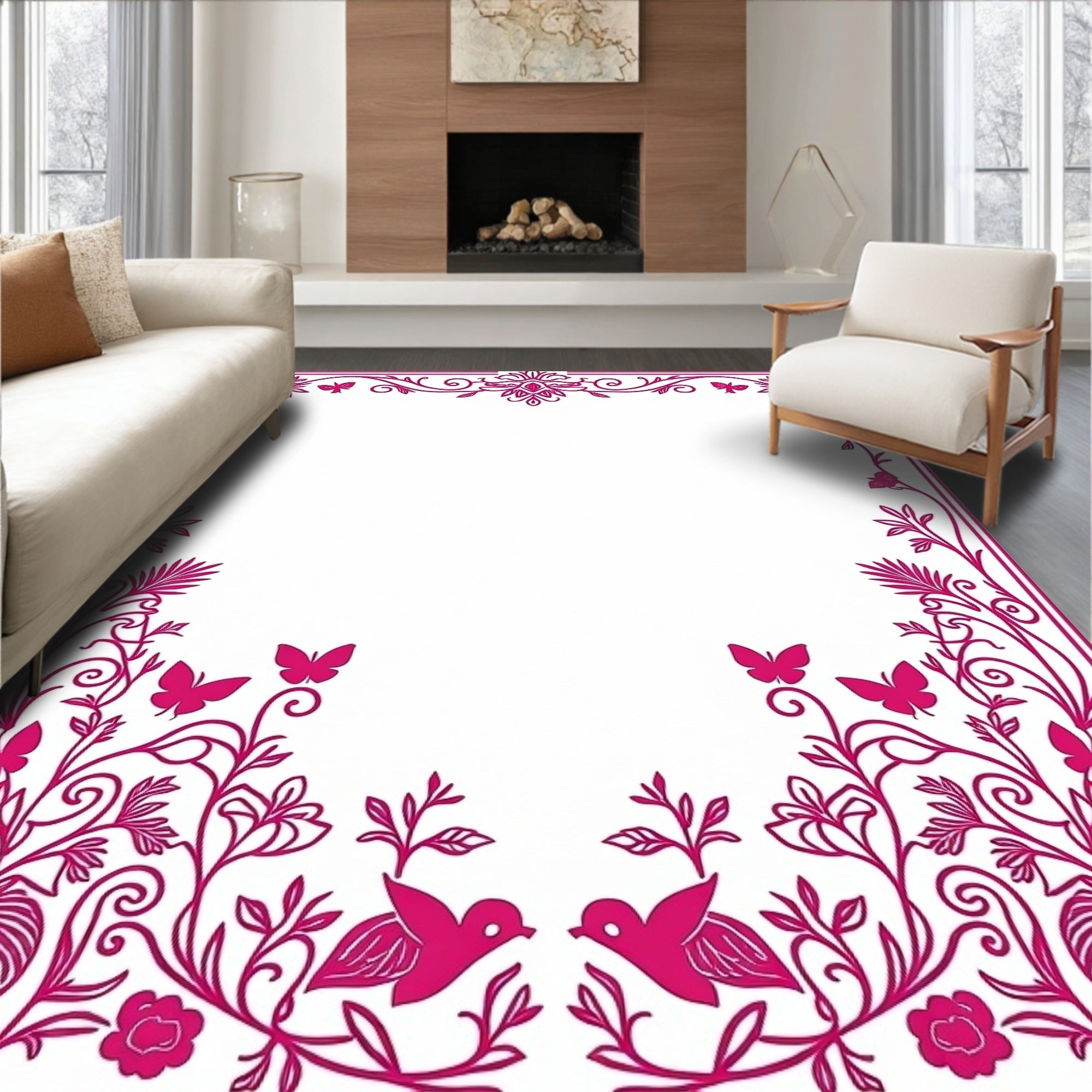Hot Pink Floral Butterfly Bird Scrollwork Rug
