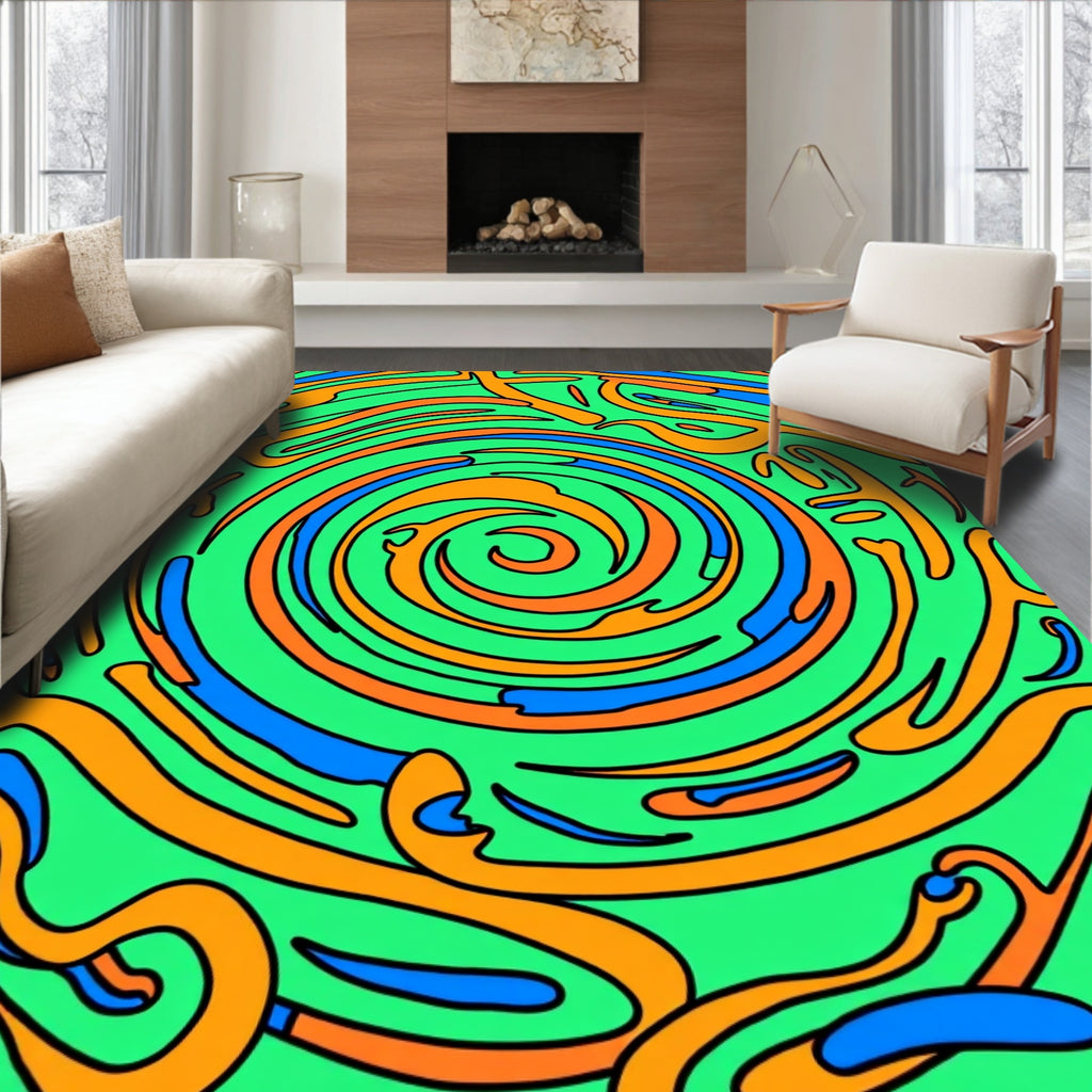 Energetic Green Blue Swirl Abstract Rug