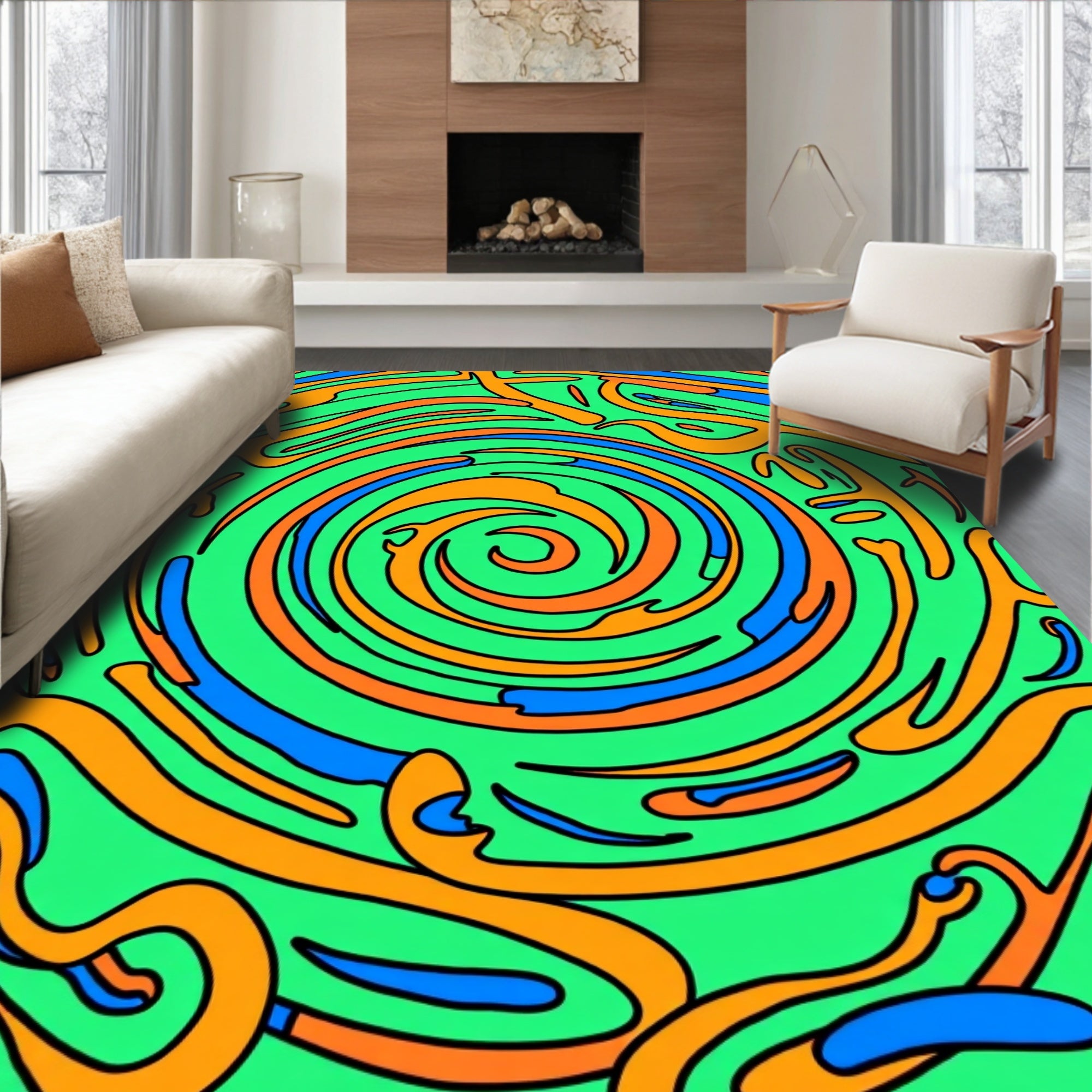 Energetic Green Blue Swirl Abstract Rug