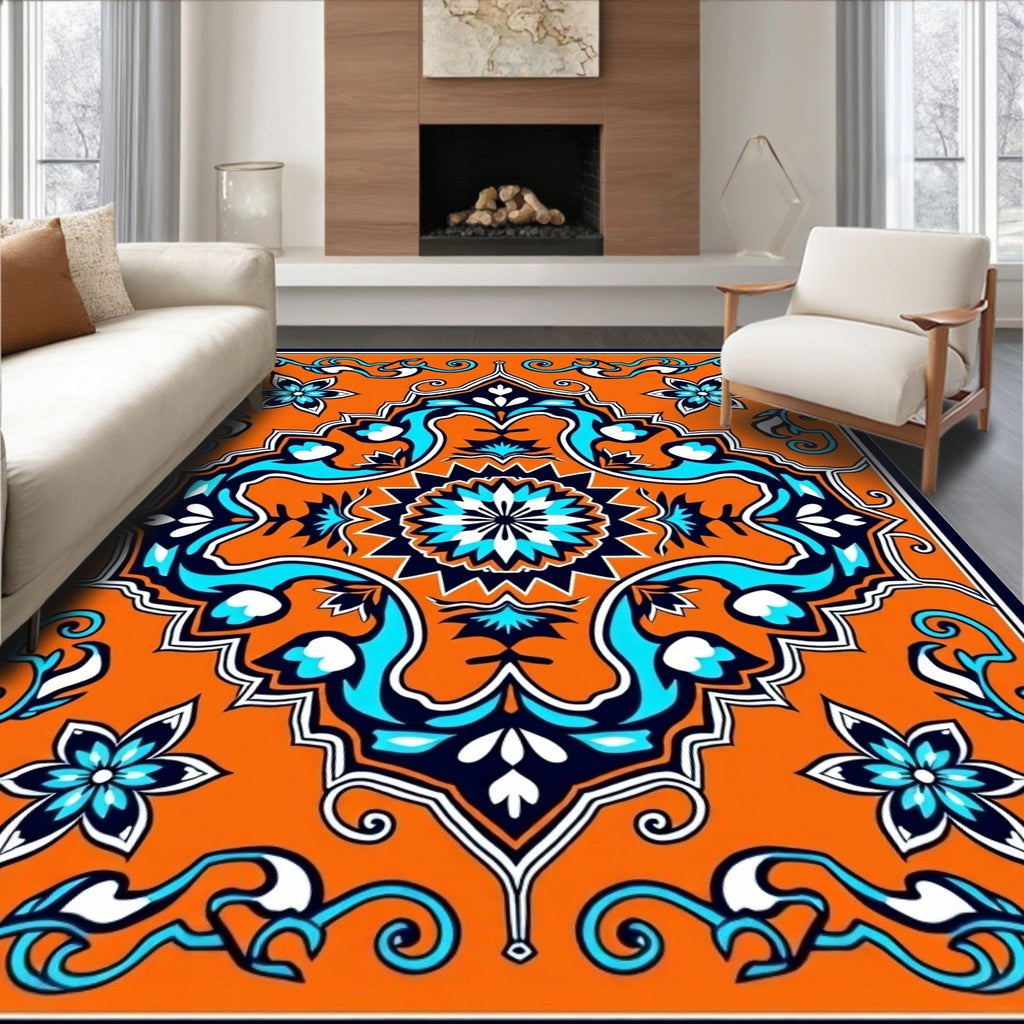 Vibrant Orange Blue White Floral Medallion Rug