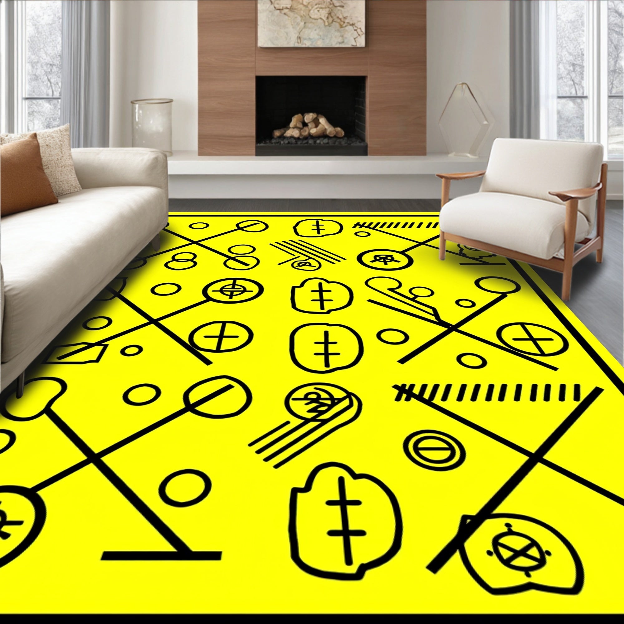 Bold Yellow Graphic Abstract Symbols Rug