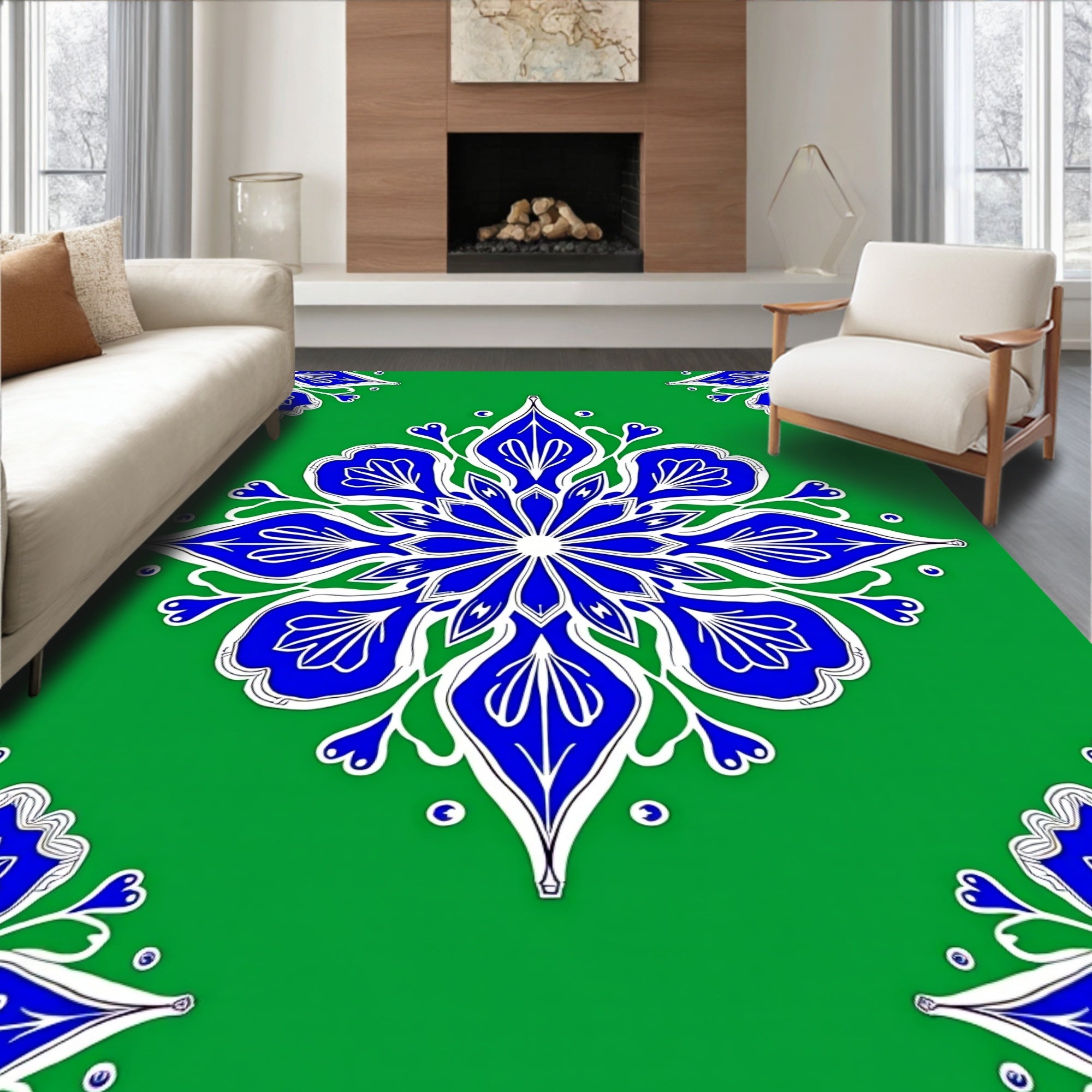 Vibrant Blue Floral Medallion Green Rug