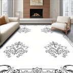 Elegant Black White Scroll Medallion Border Rug