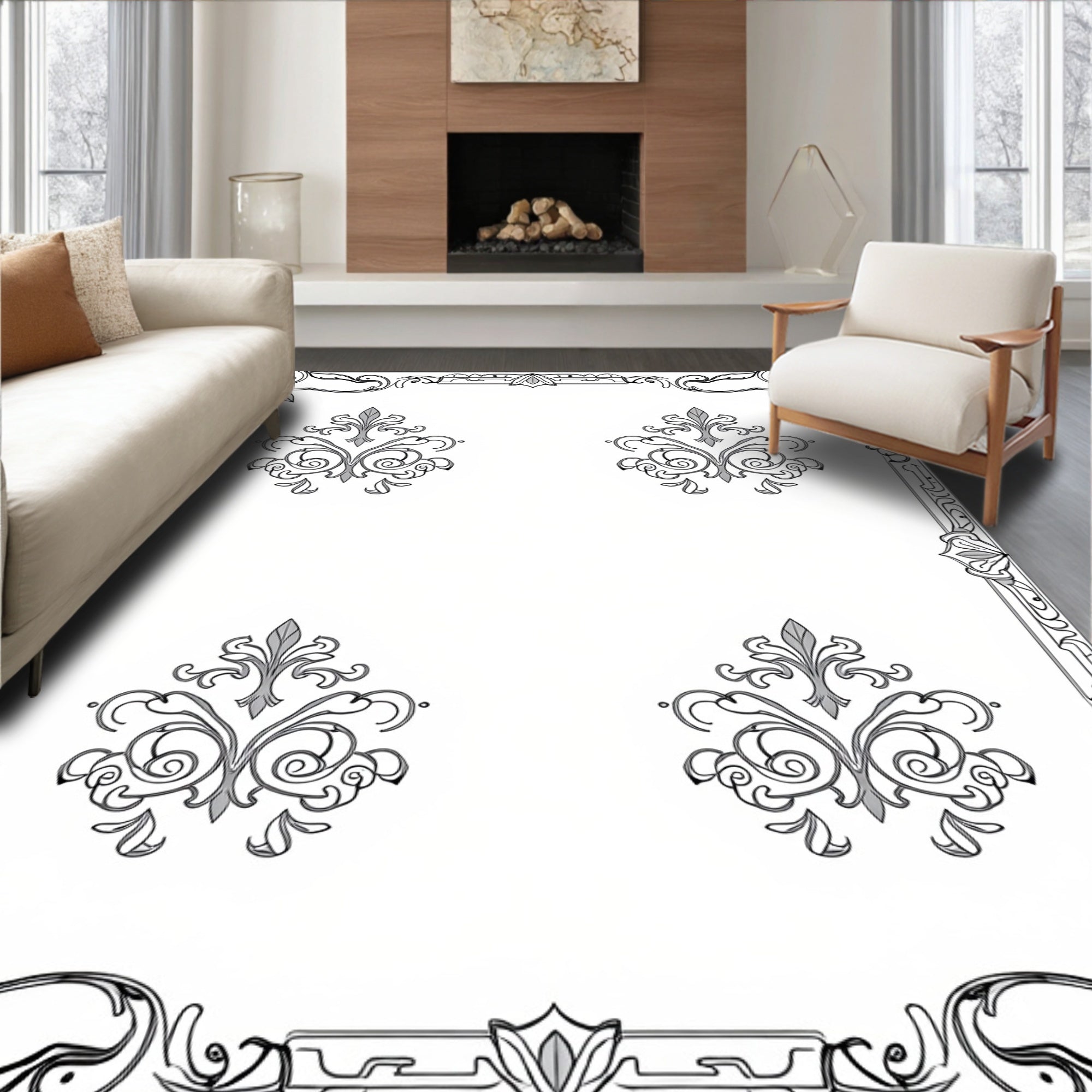 Elegant Black White Scroll Medallion Border Rug