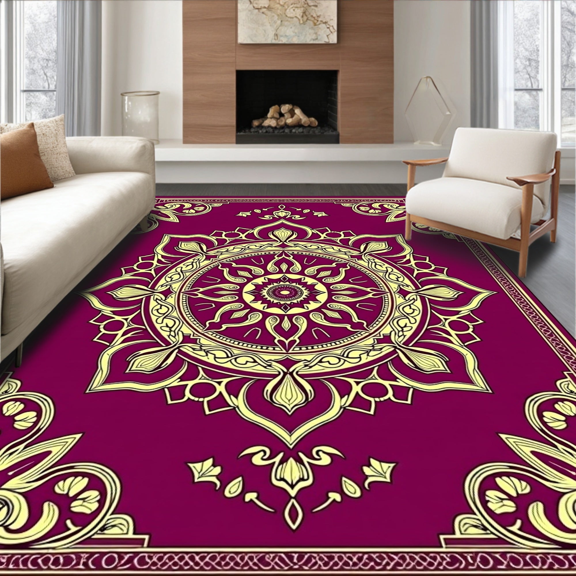 Crimson Yellow Floral Medallion Border Rug