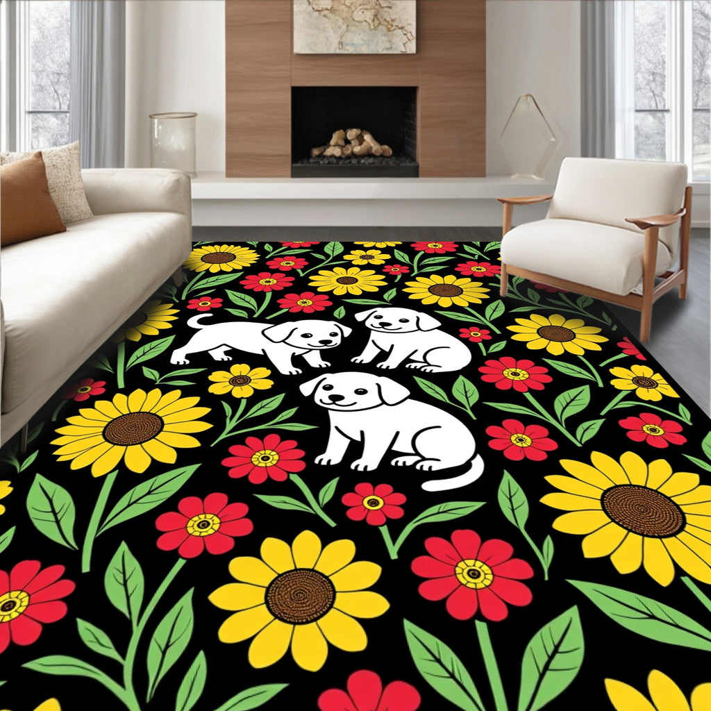 Playful White Puppies Sunflower Garden Rug