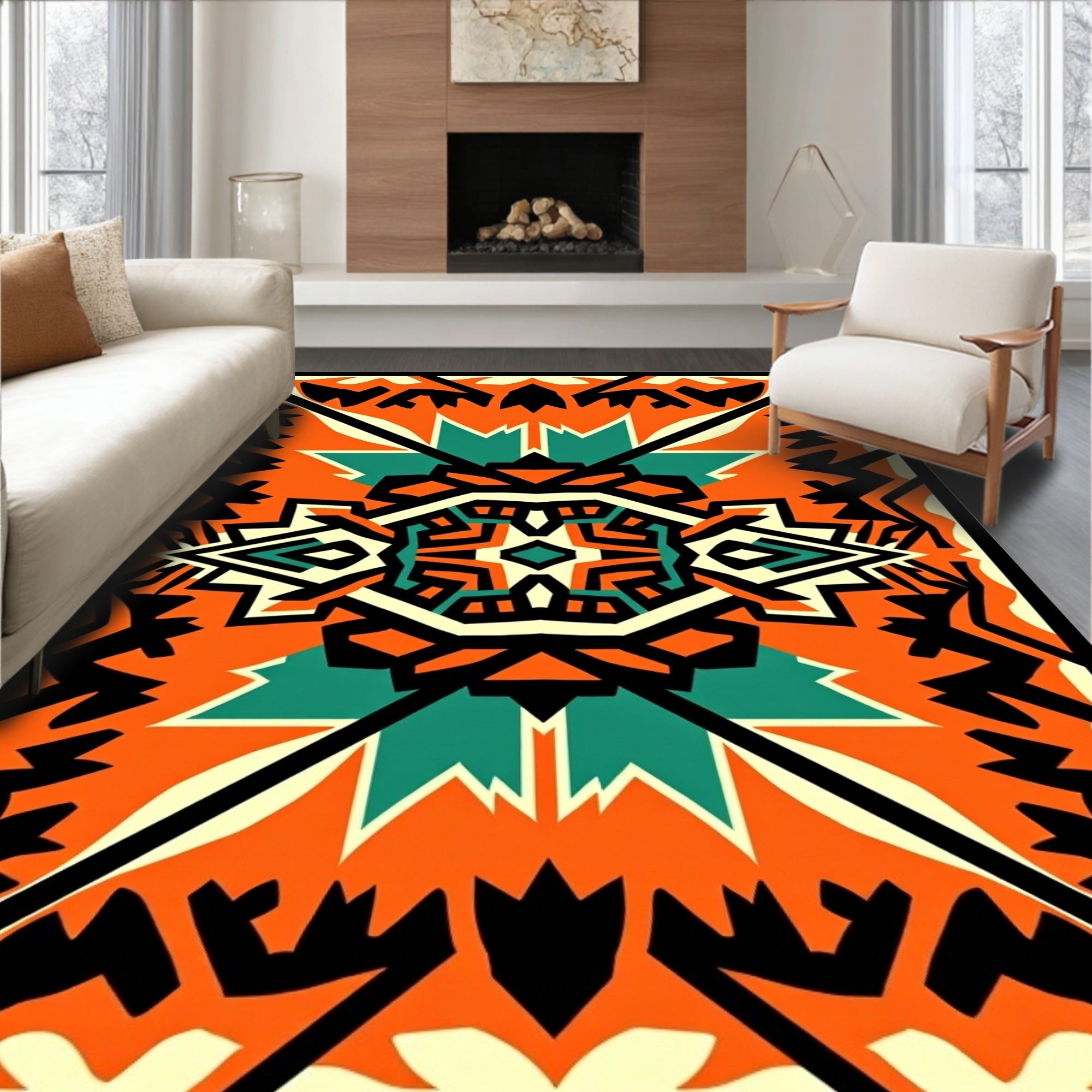 Bold Orange Tribal Geometric Rug