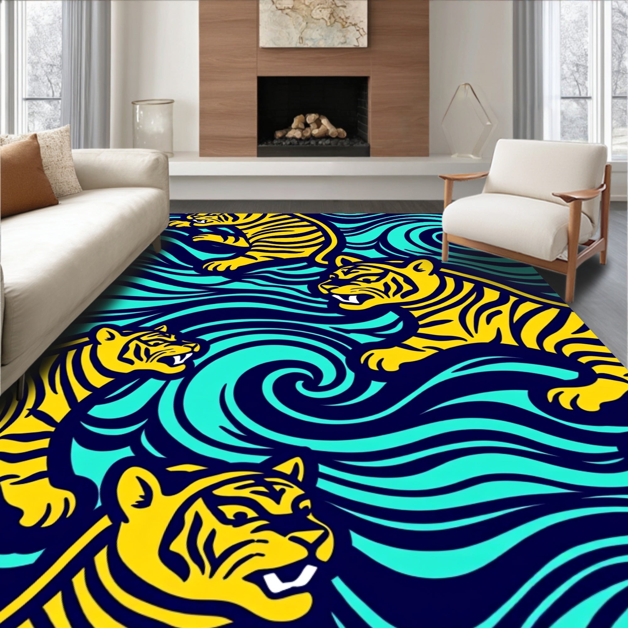 Bold Yellow Tiger Waves Rug