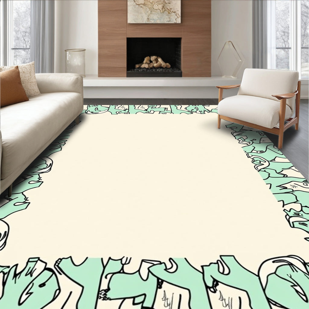 Mint Green Abstract Figures Border Rug