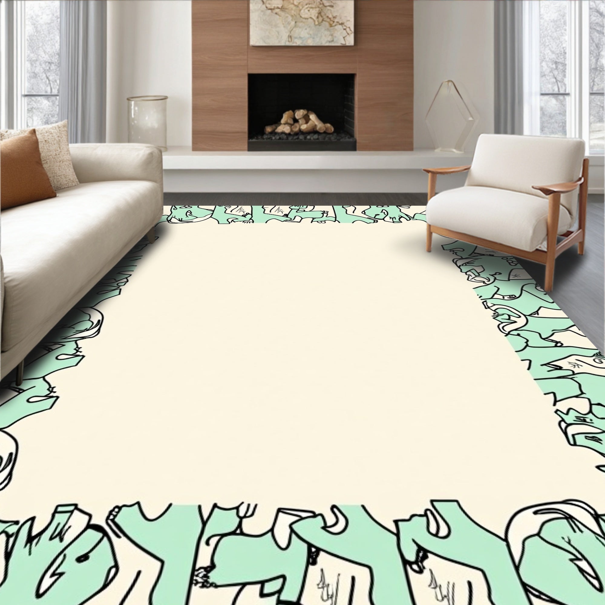 Mint Green Abstract Figures Border Rug