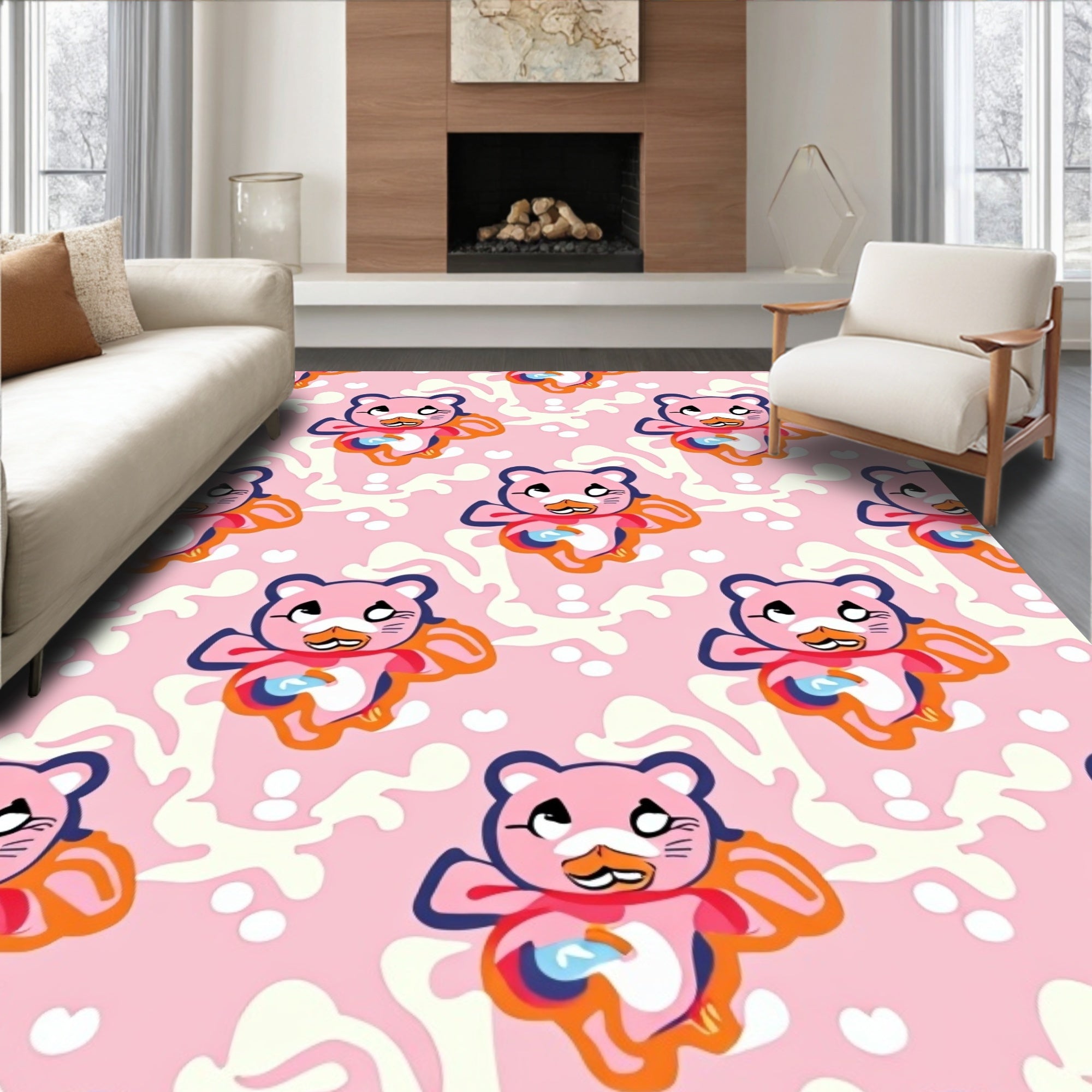 Pink Bear Rainbow Heart Whimsical Rug