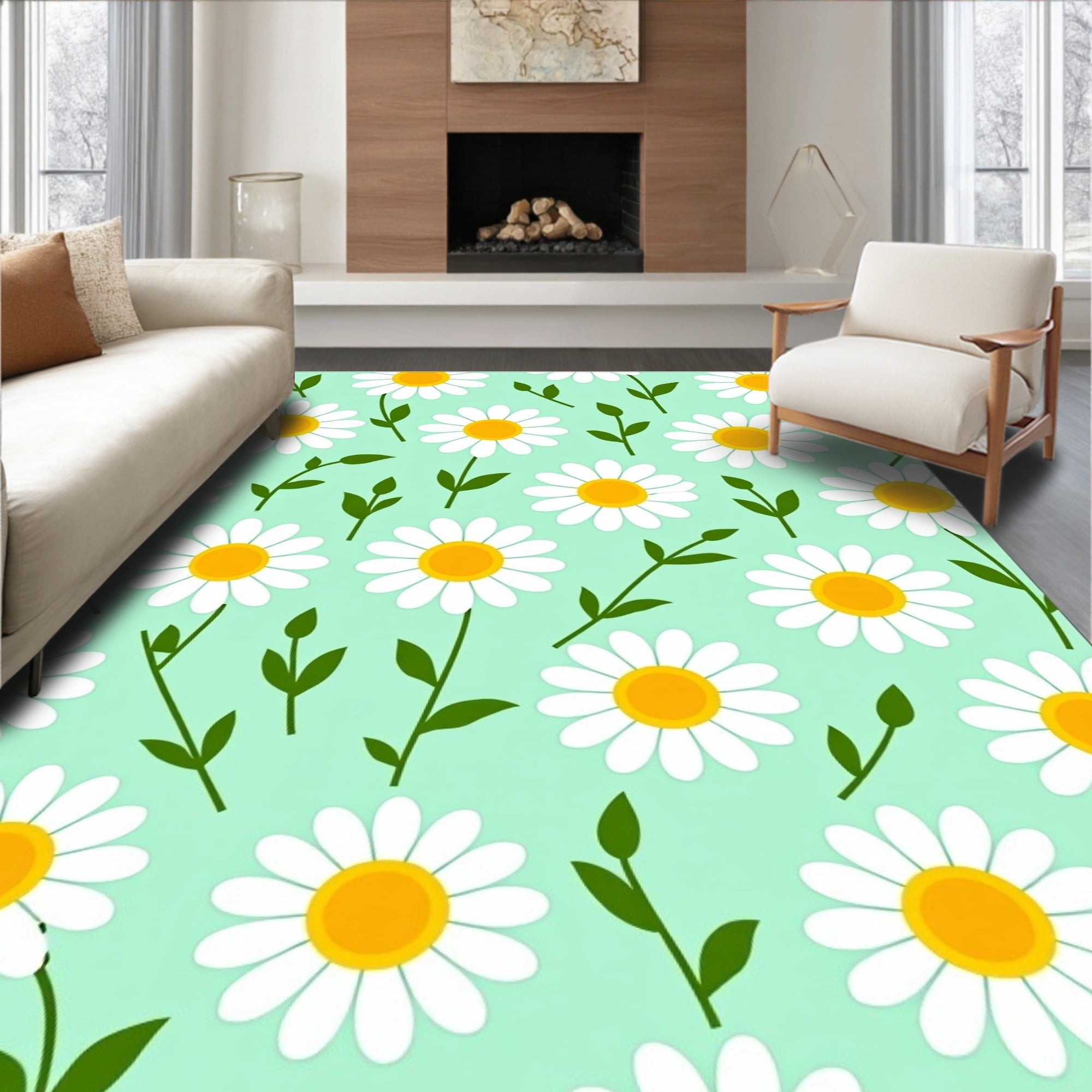 Ditsy Daisy Flowers On Mint Background Rug