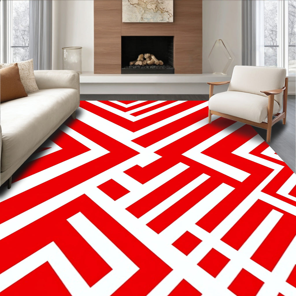 Bold Red Geometric Interlocking Lines Rug