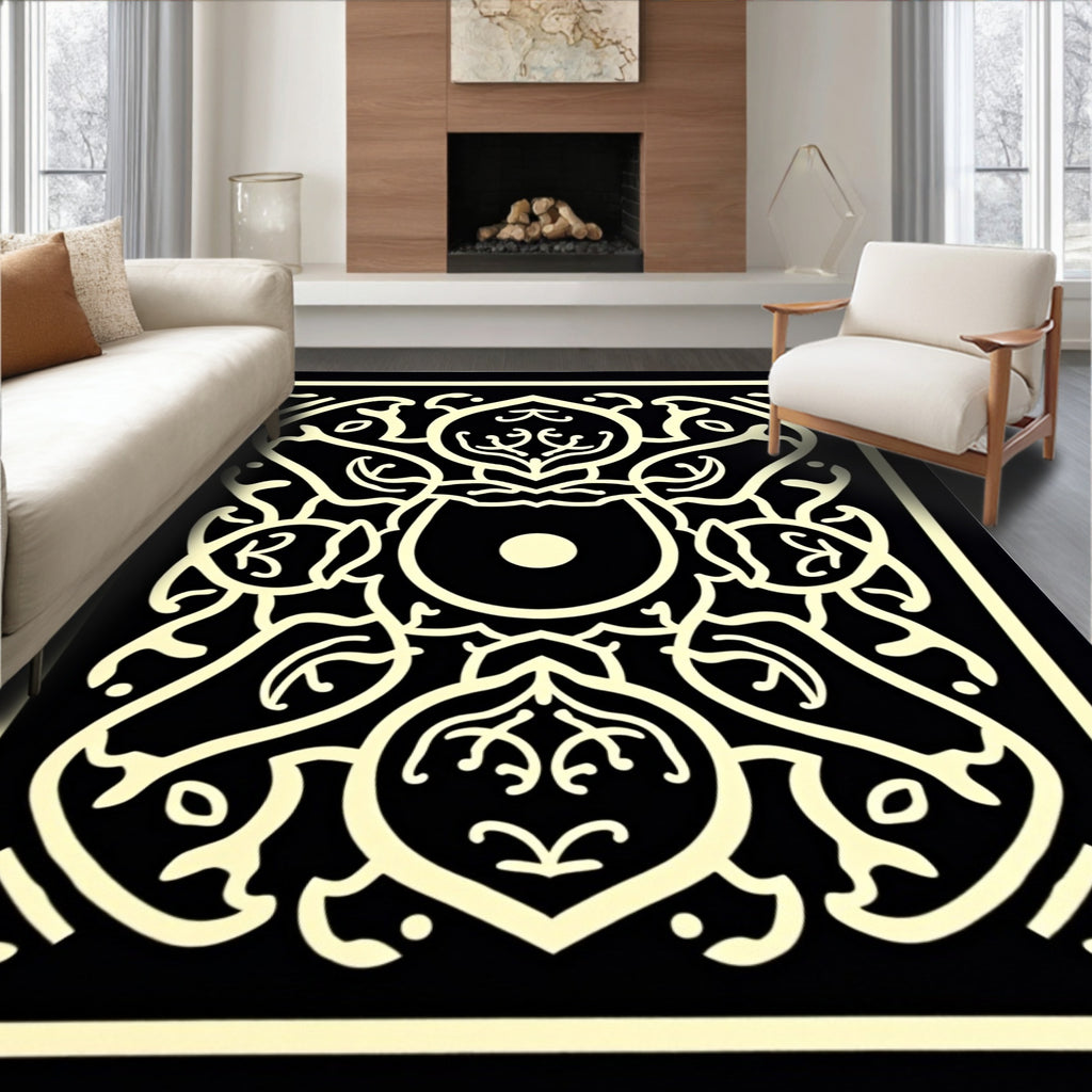 Ornate Ivory Animal Family Black Rug
