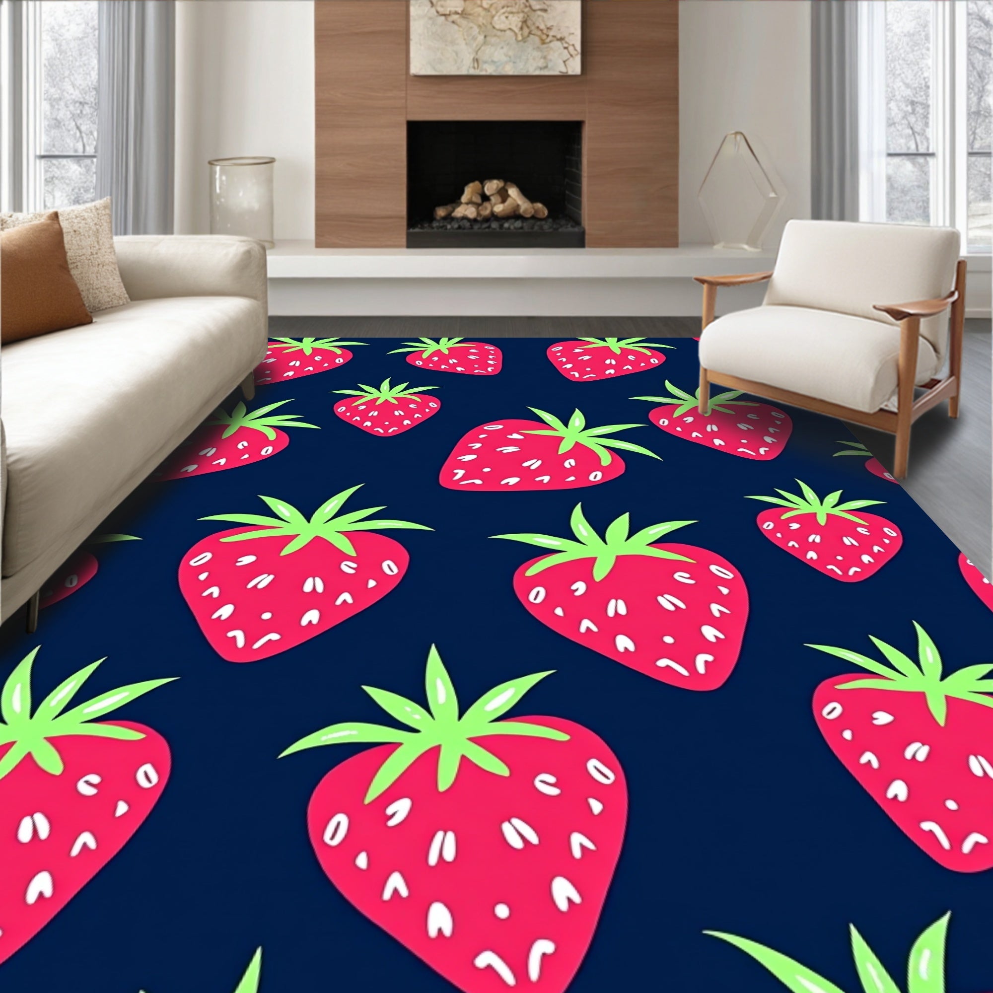 Vibrant Red Strawberry Fruits Navy Rug