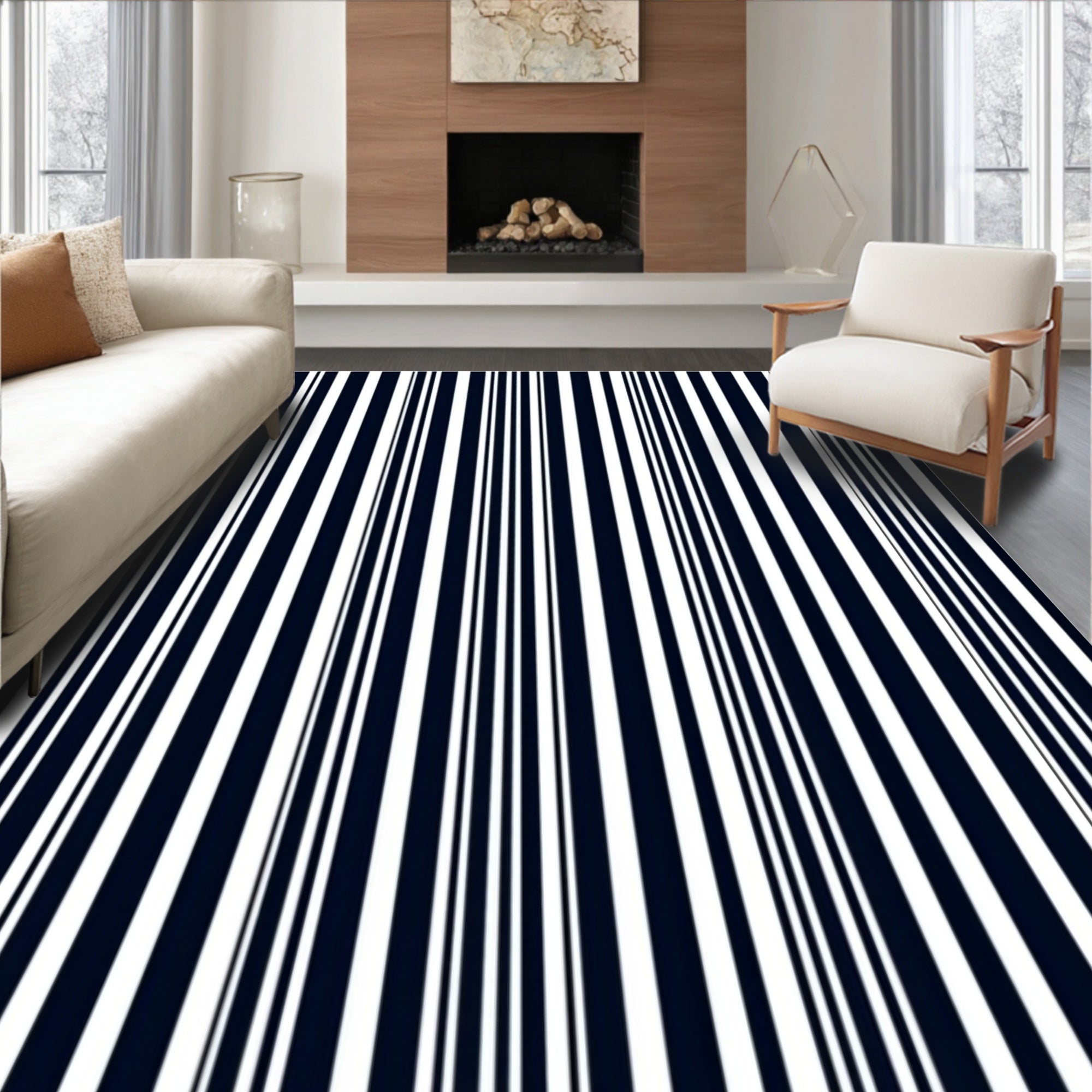 Bold Navy White Vertical Lines Rug