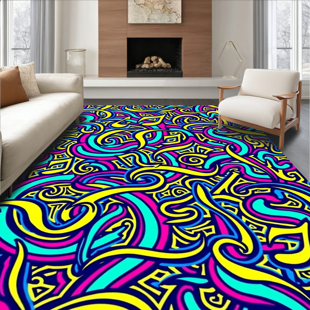 Vibrant Yellow Blue Abstract Flow Rug