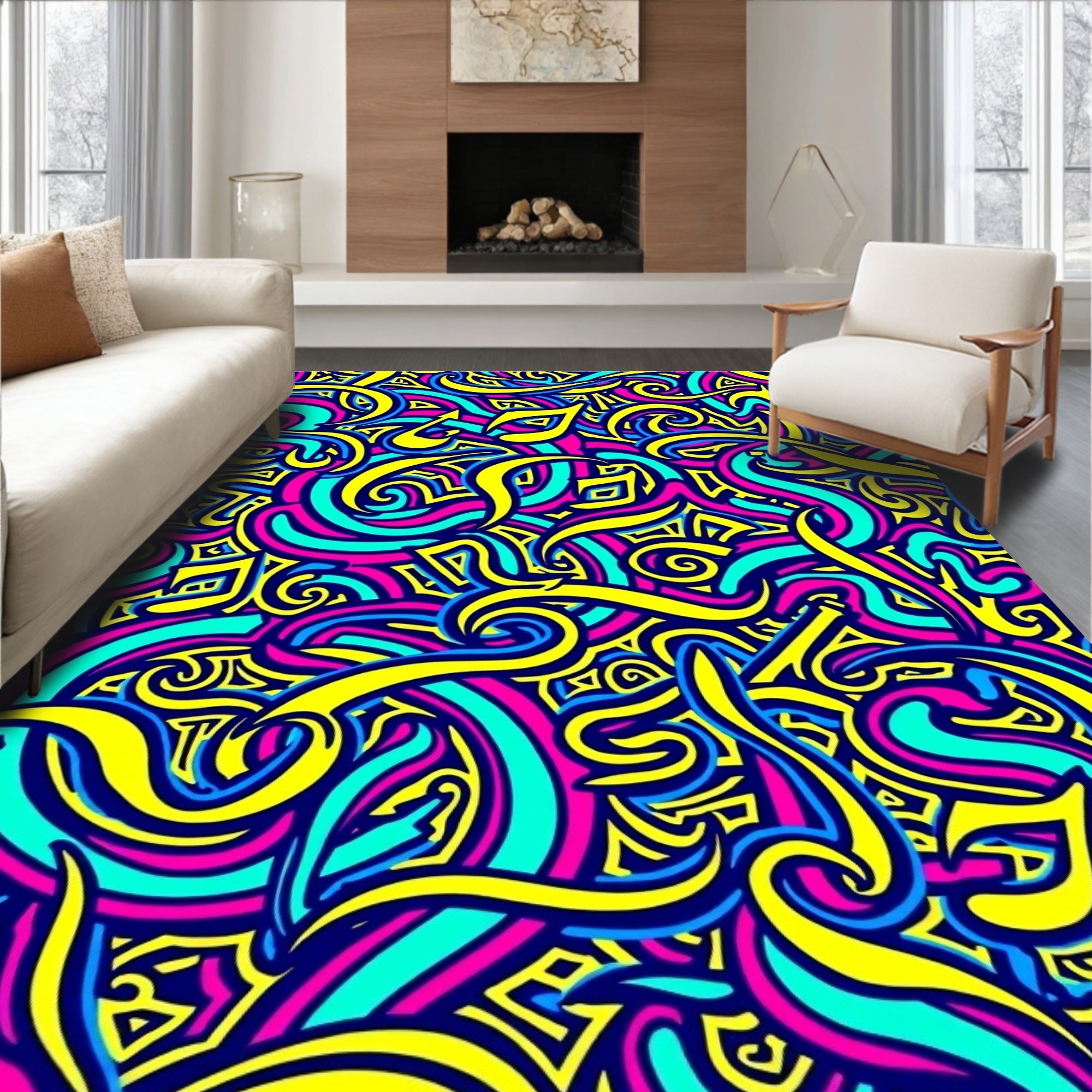 Vibrant Yellow Blue Abstract Flow Rug