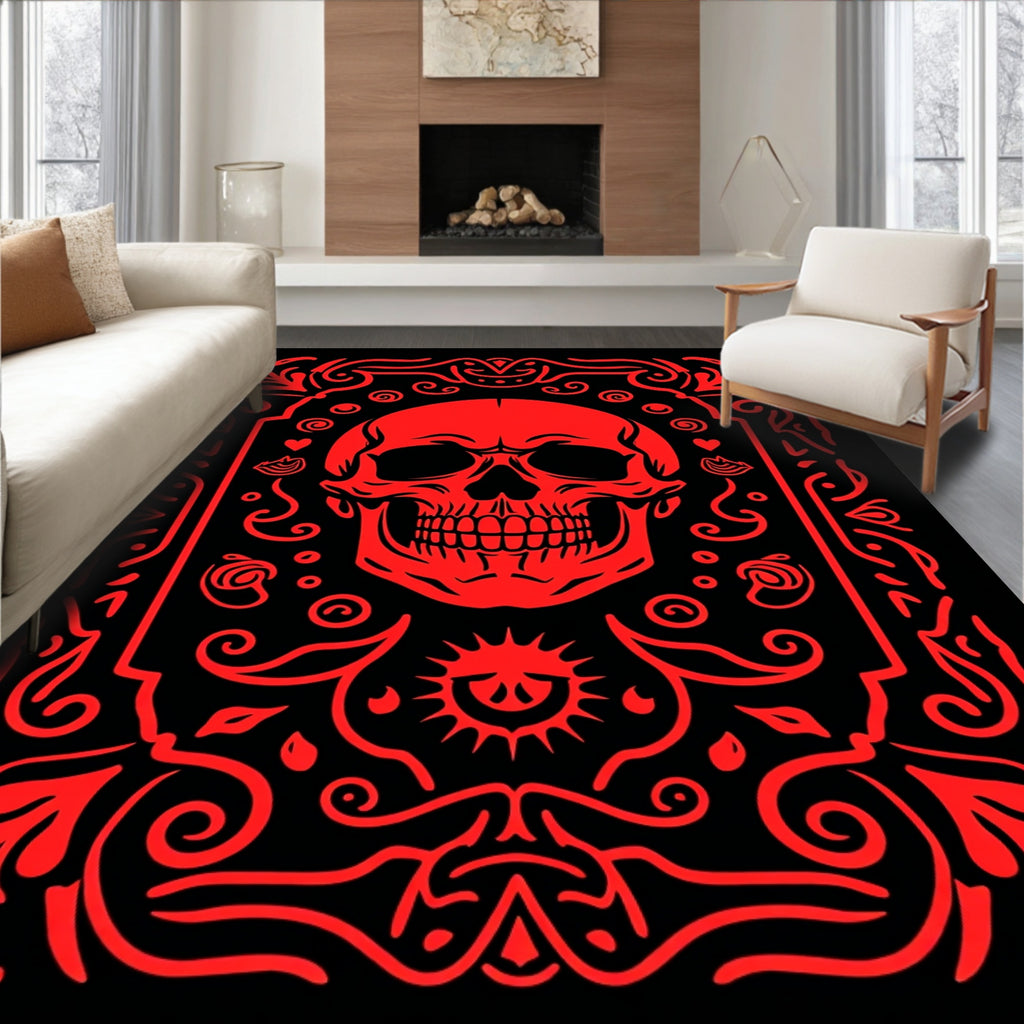 Crimson Skull Ornamental Border Rug