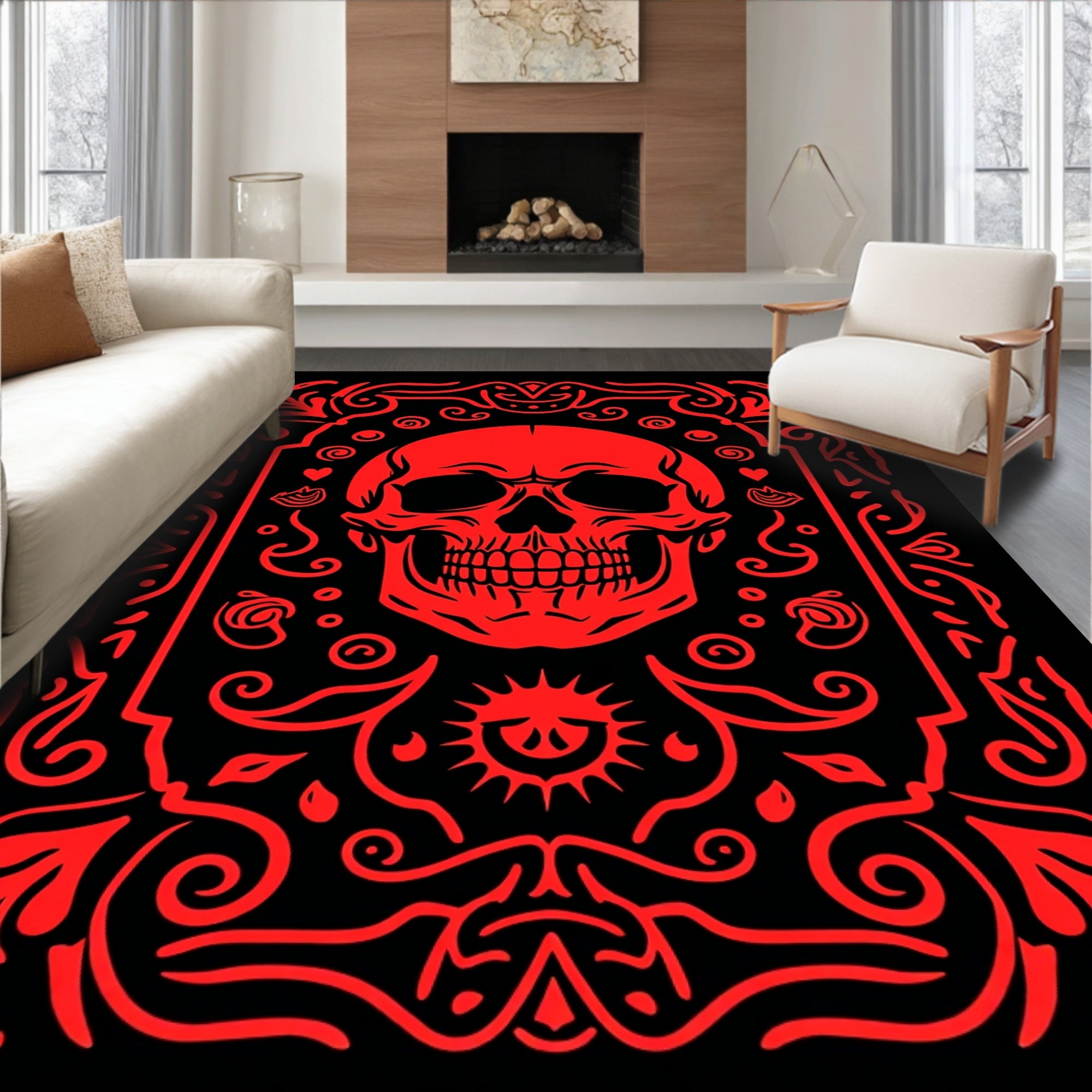 Crimson Skull Ornamental Border Rug