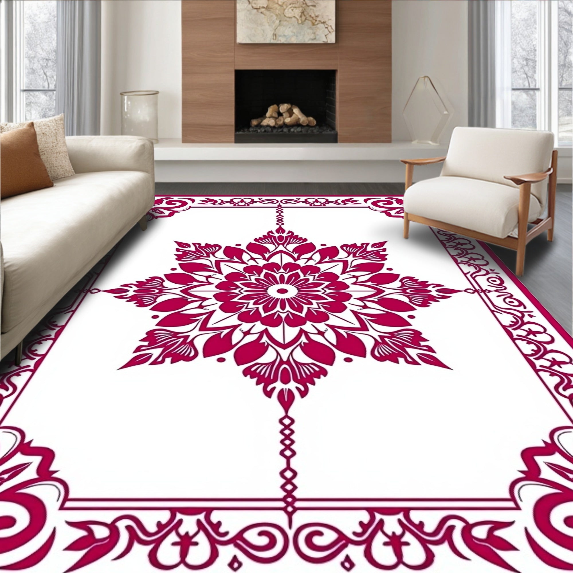 Crimson Floral Medallion Frame Rug