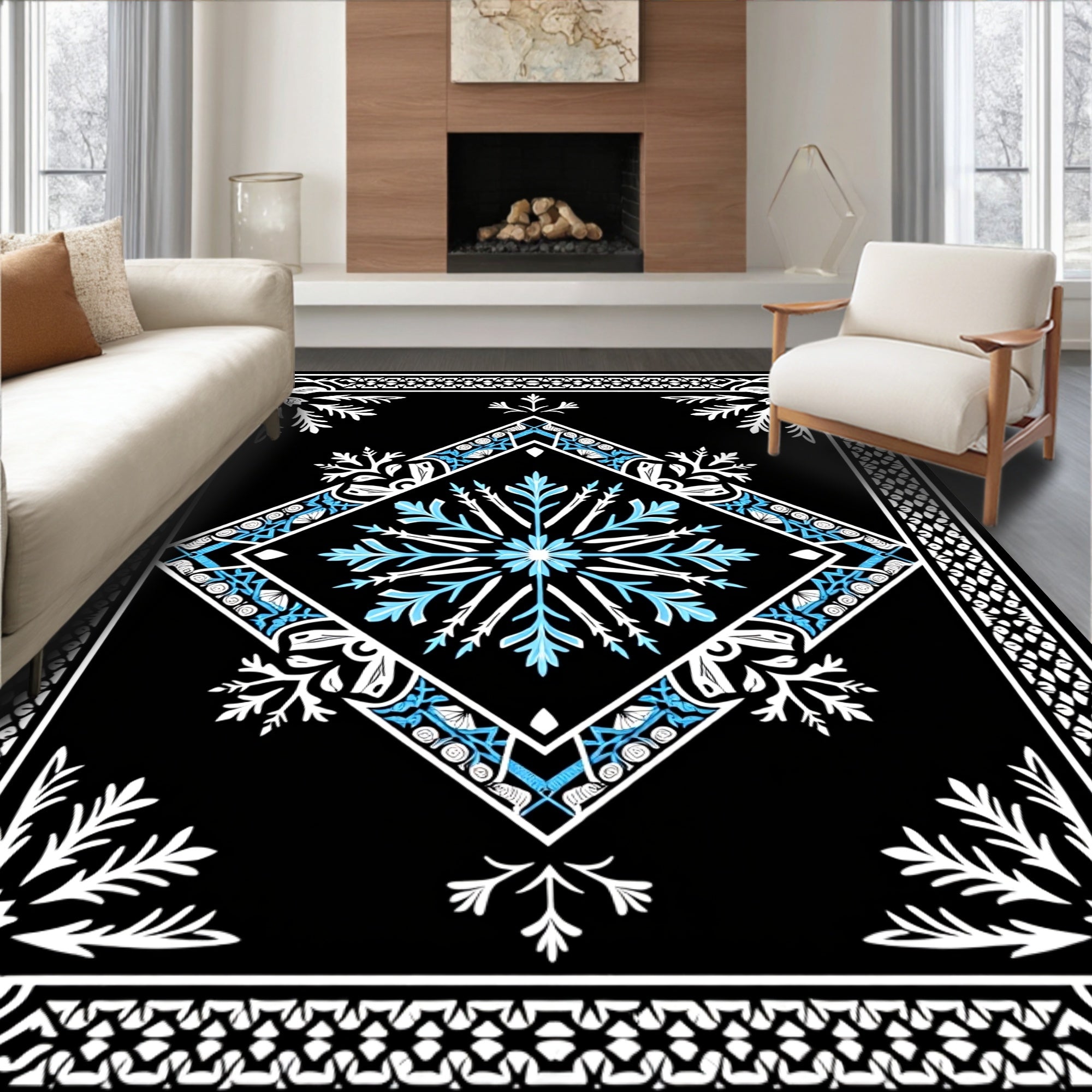 Bold Blue White Geometric Snowflake Rug