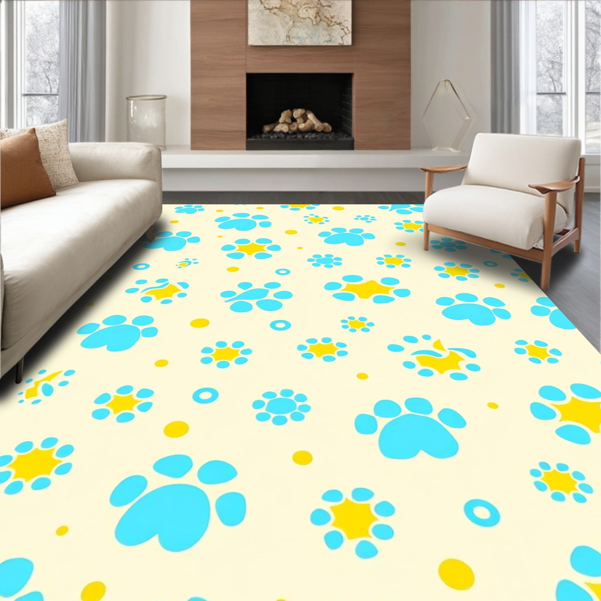 Blue Paw Prints Yellow Stars Rug