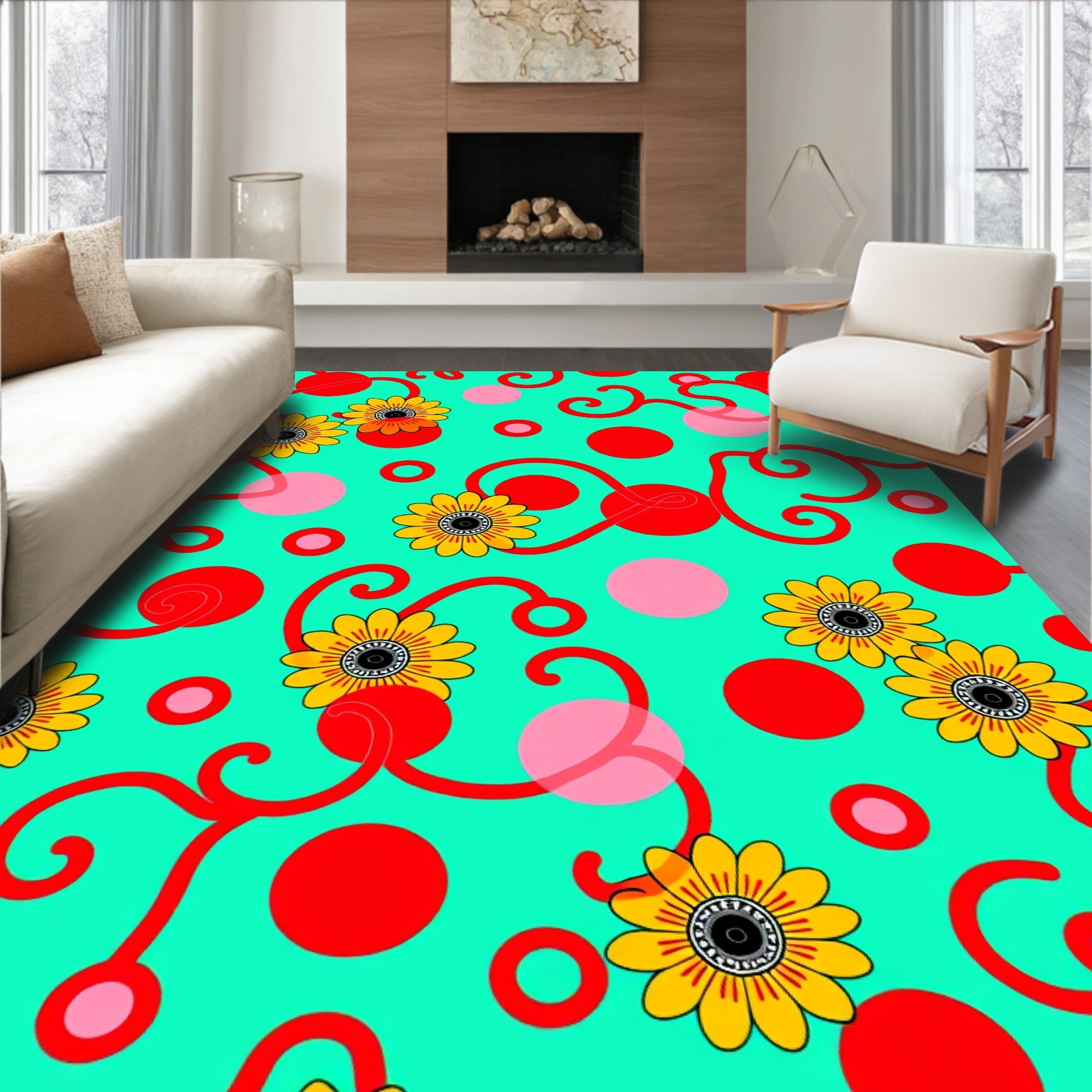 Yellow Sunflowers Red Swirls Aqua Circles Rug