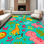 Playful Wild Animals Alphabet Turquoise Background Rug
