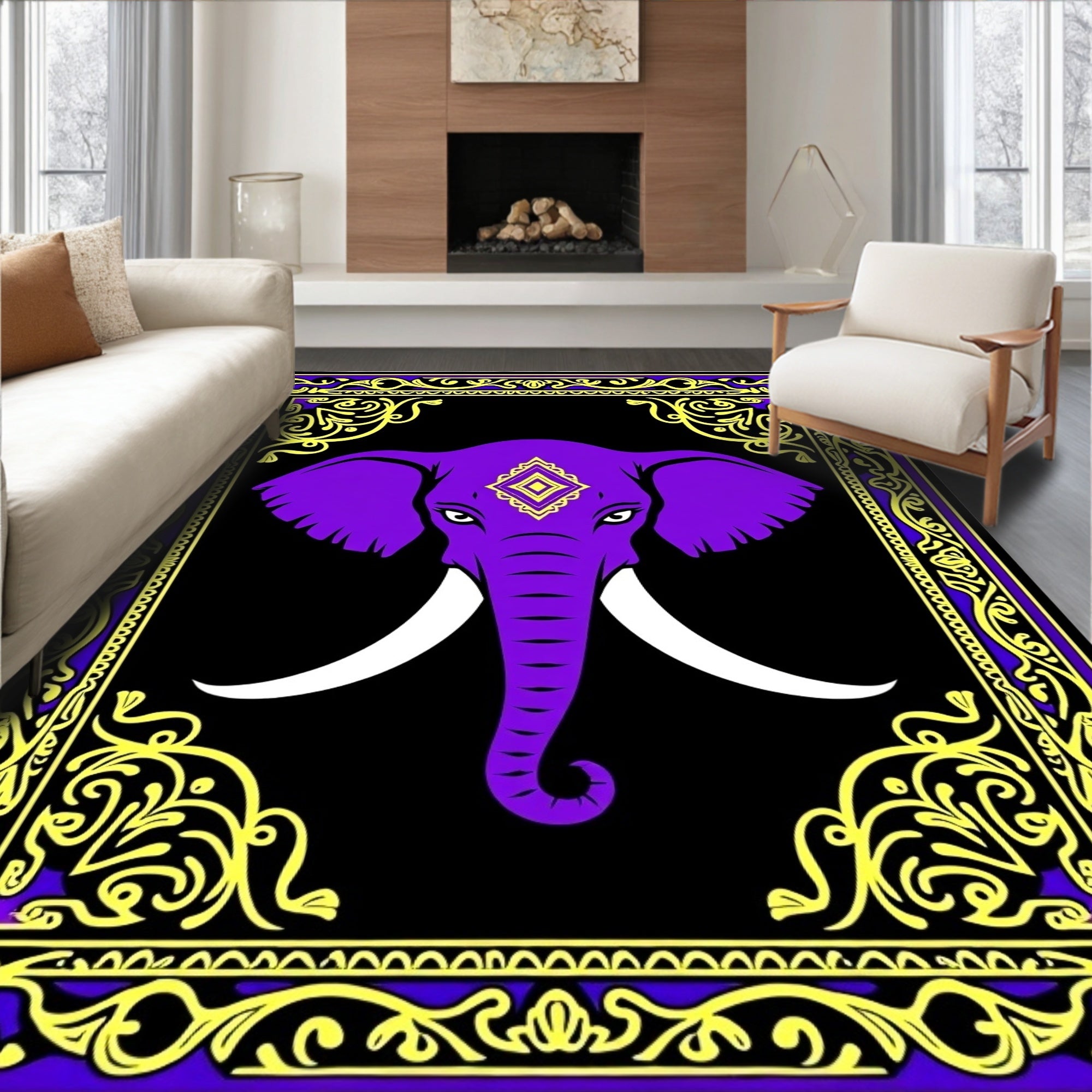 Purple Elephant Black Golden Floral Border Rug