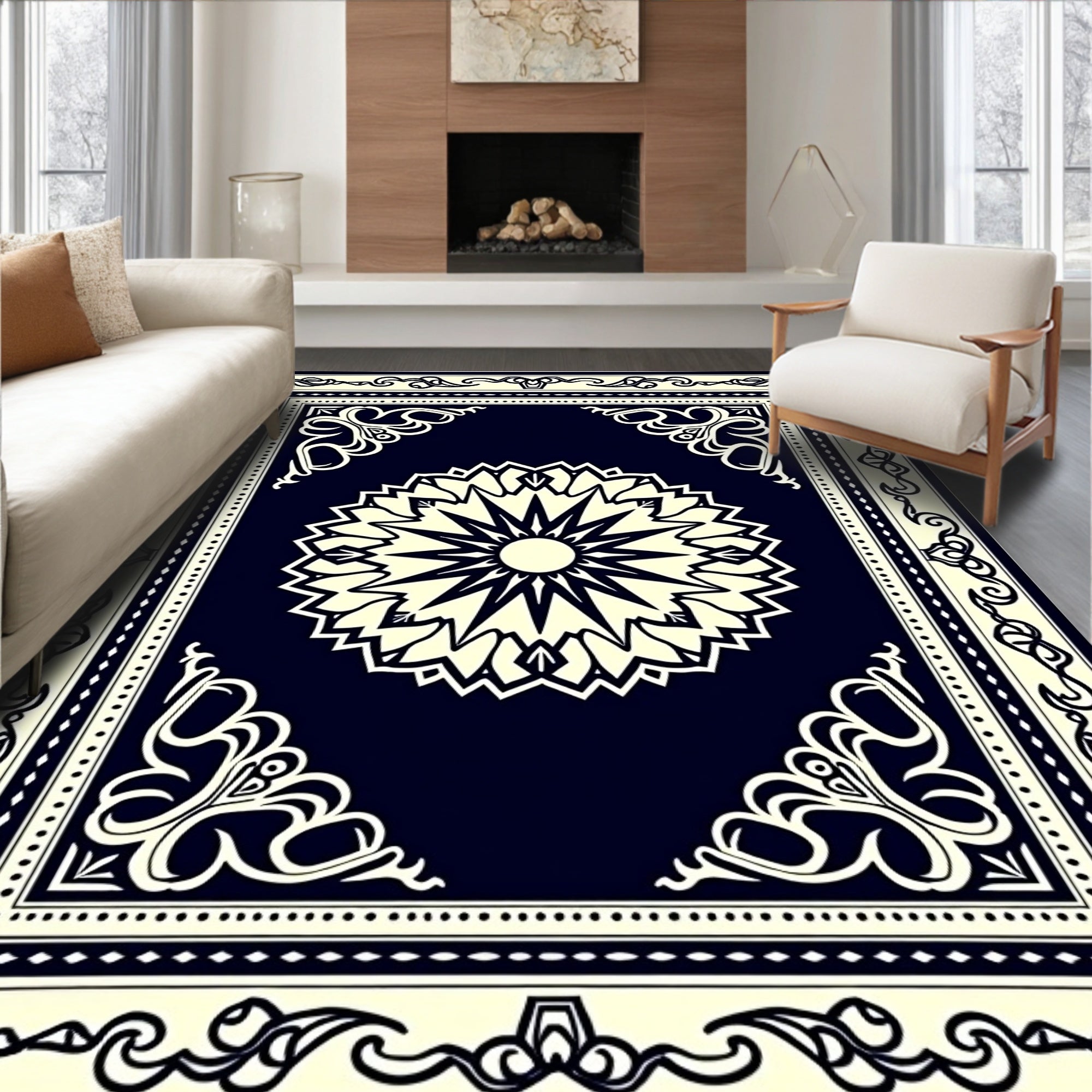 Deep Blue Radial Floral Medallion Rug