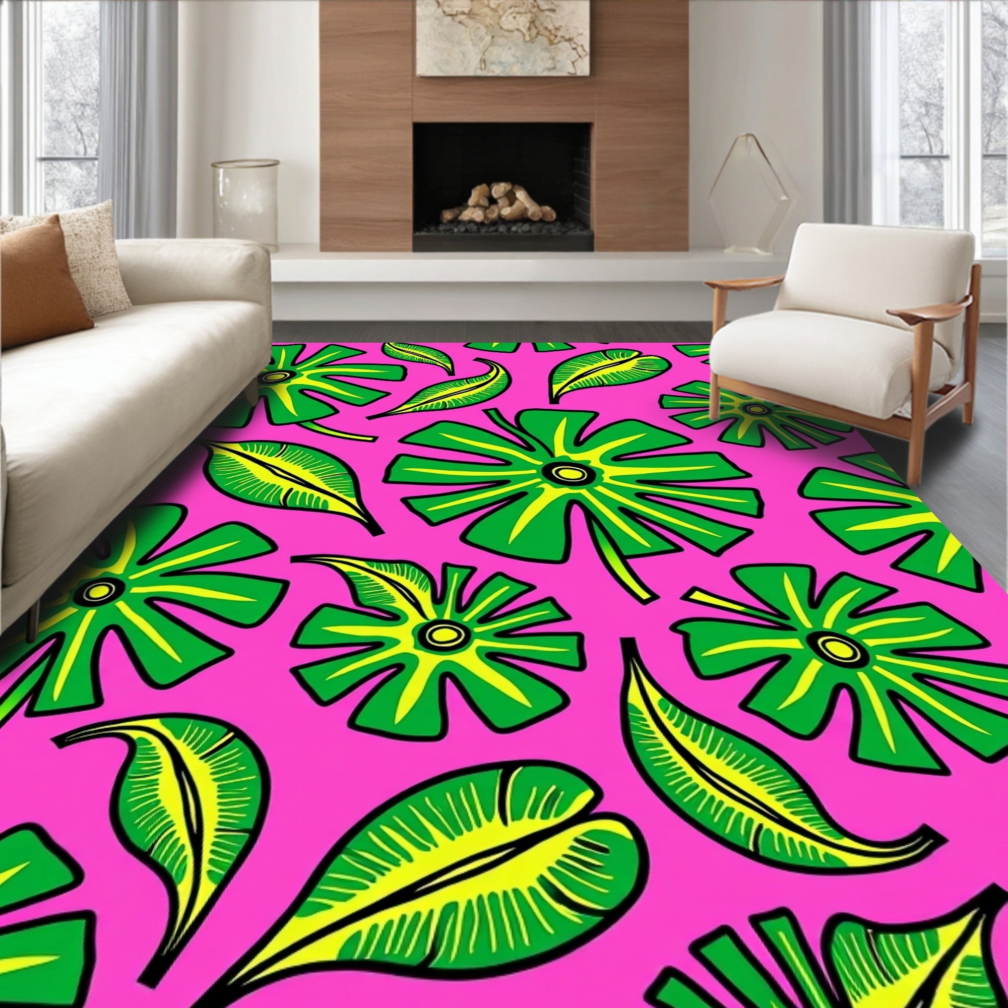 Vibrant Pink Green Tropical Fantasy Rug