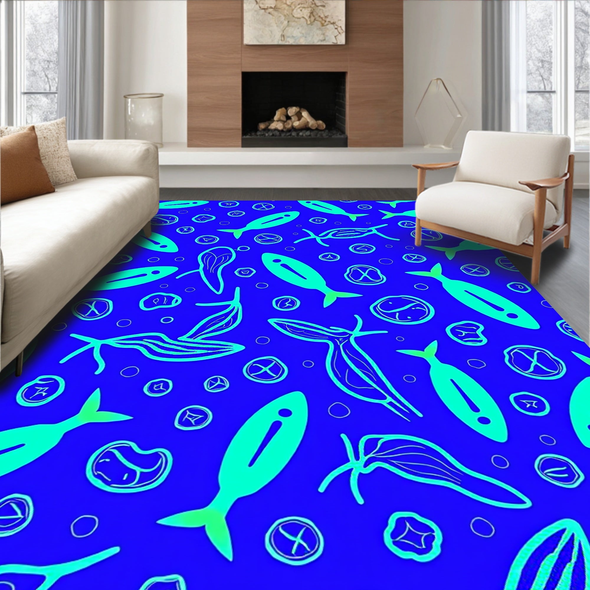 Blue Aqua Fish Scattered Whimsy Rug