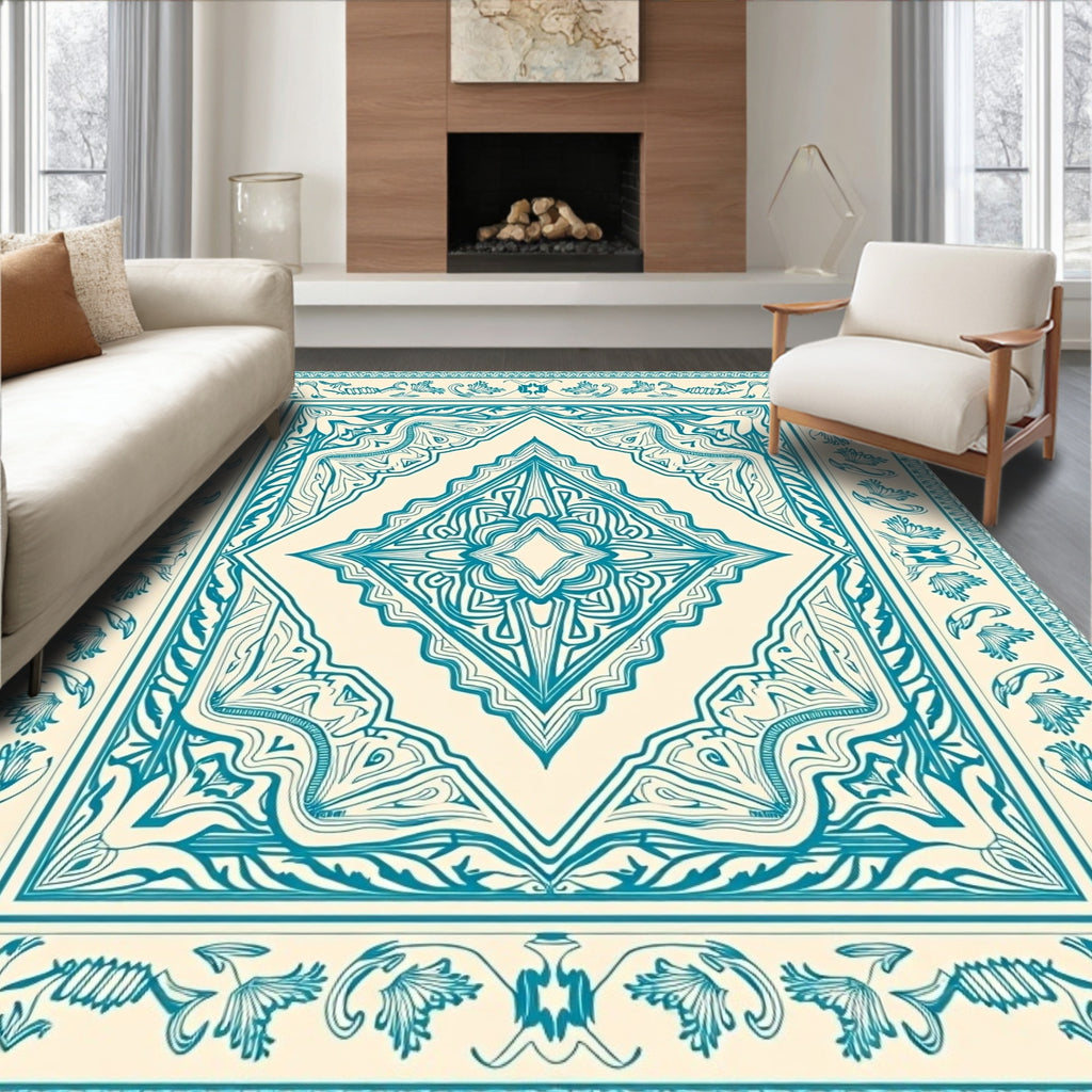 Luminous Teal Diamond Floral Frame Rug