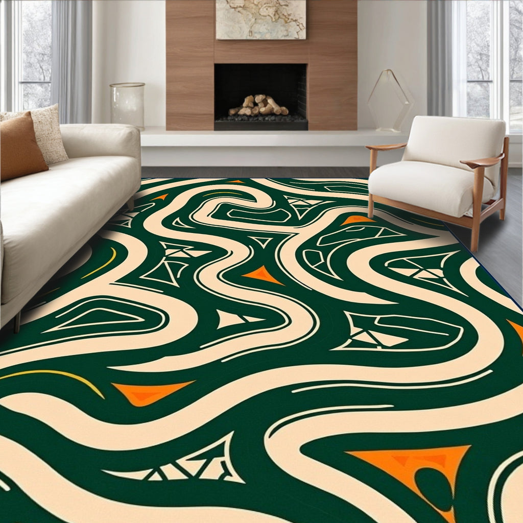 Abstract Cream Swirls Emerald Orange Rug